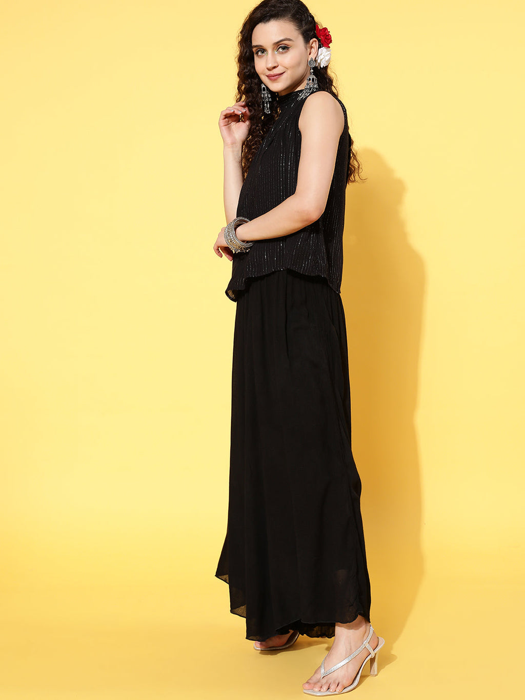 InWeave Women's Black Lurex Top With Flared Pallazo