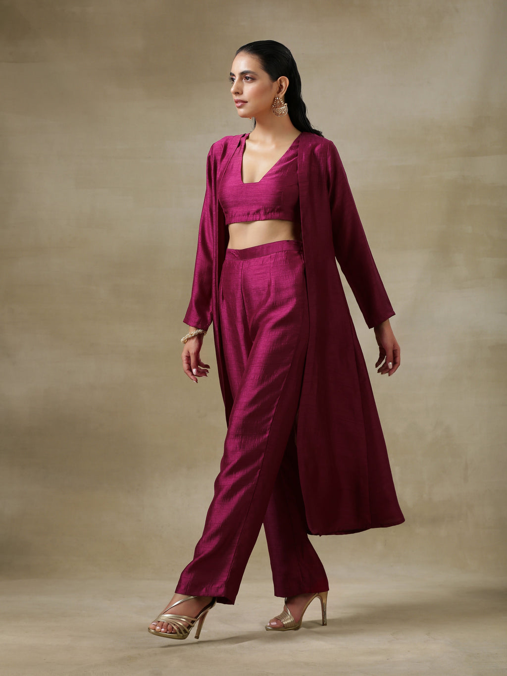 trueBrowns Purple Textured Silk Overlay Jacket Blouse Pant Set