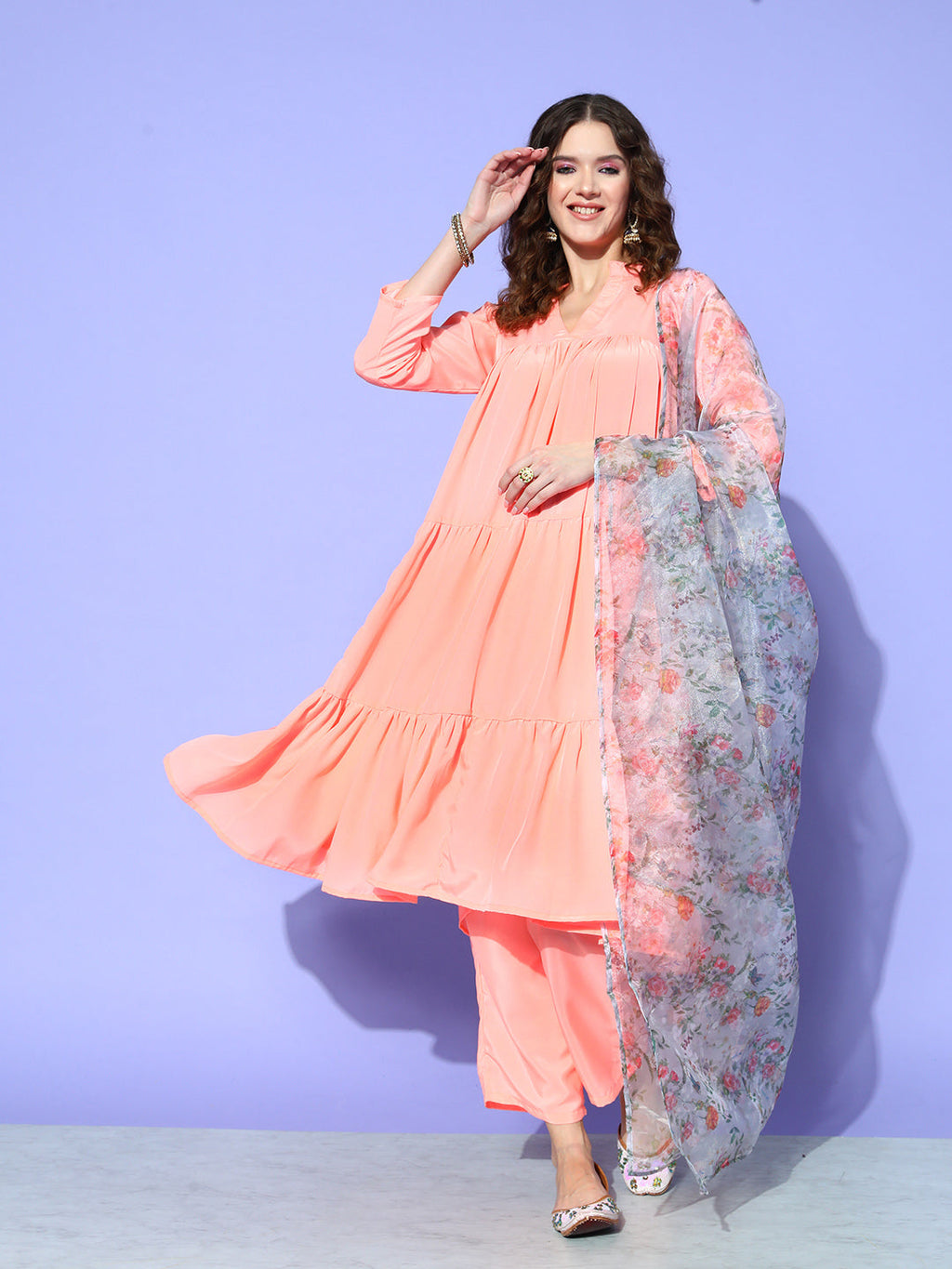 InWeave Women's Peach Flared Kurta Set With Off White Folral Organza Dupatta