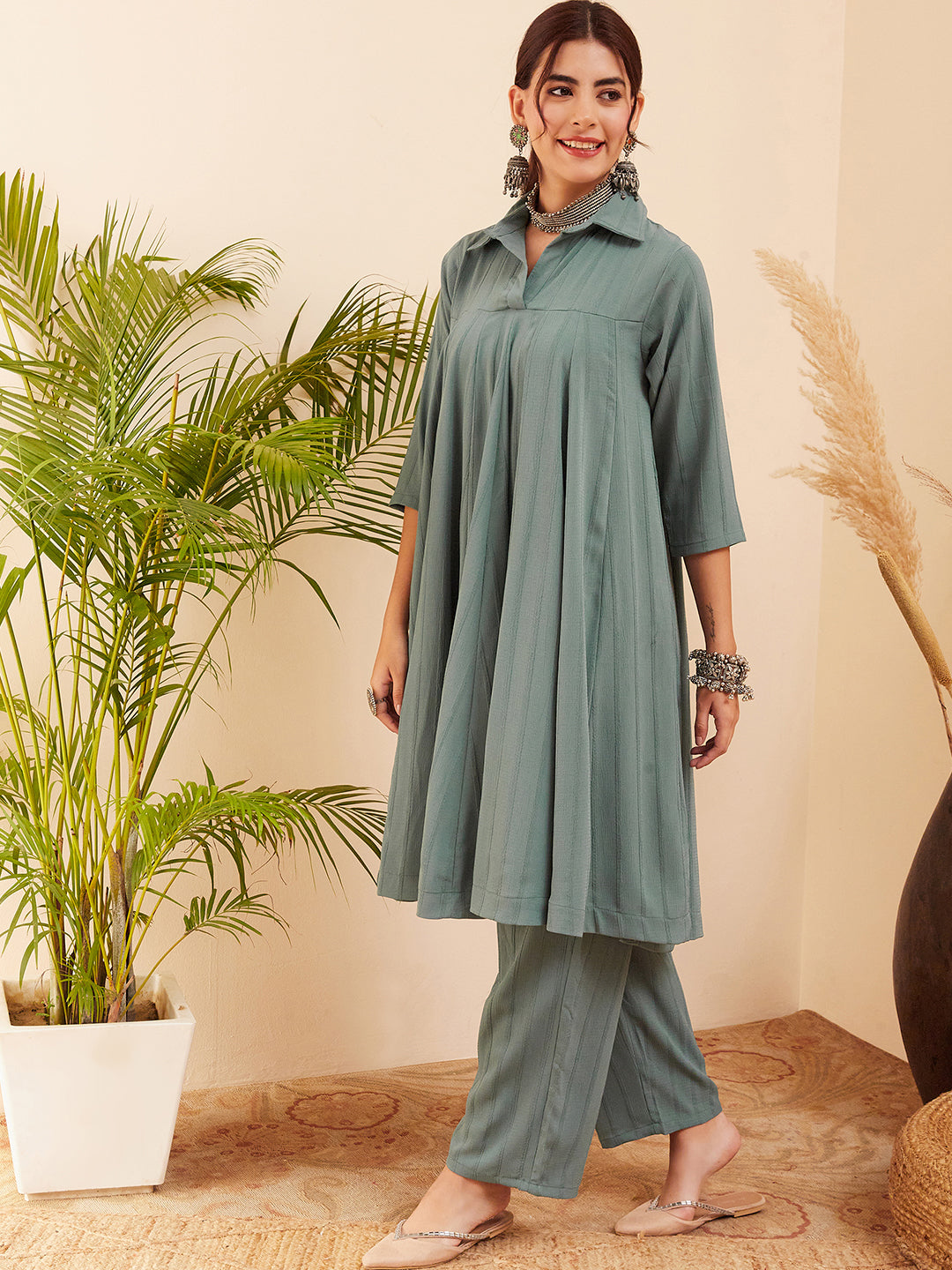 InWeave Women's Light Mint Collared Neck Flared Kurta Pant Set