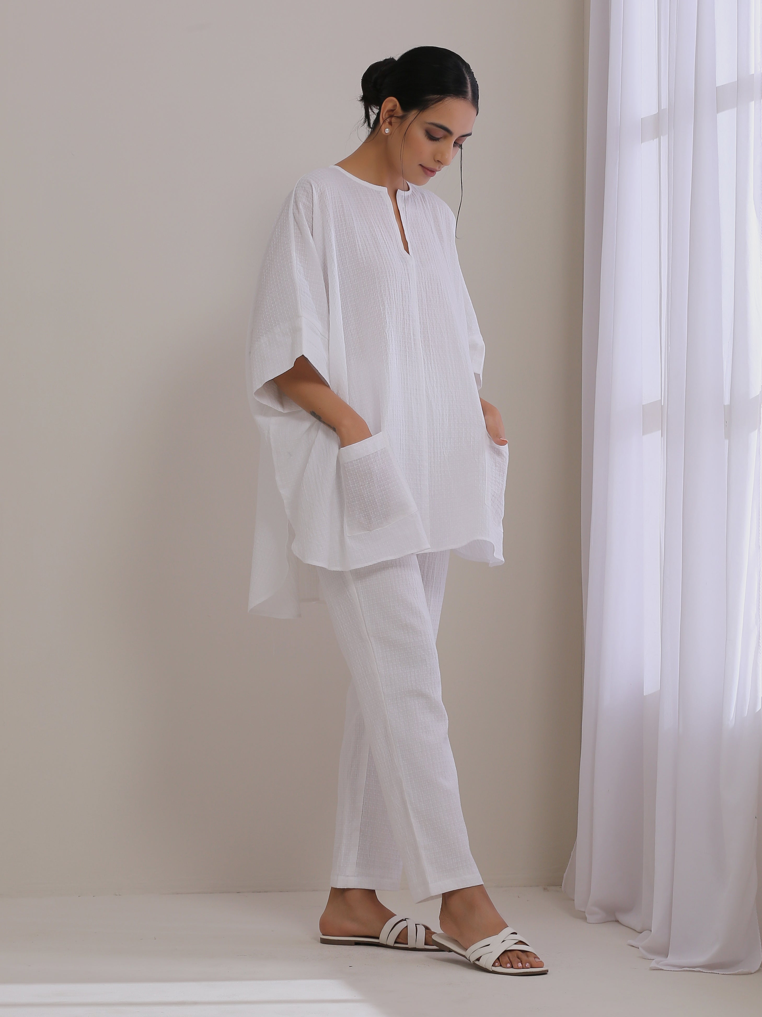 trueBrowns White Dobby Boxy Fit High Low Co-Ord Set