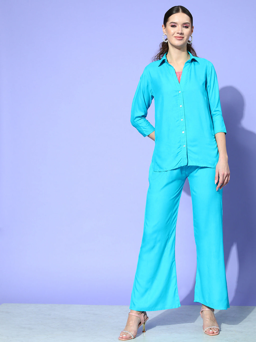 InWeave Women's Aqua Blue Coord Set With Solid Peach Crop Top