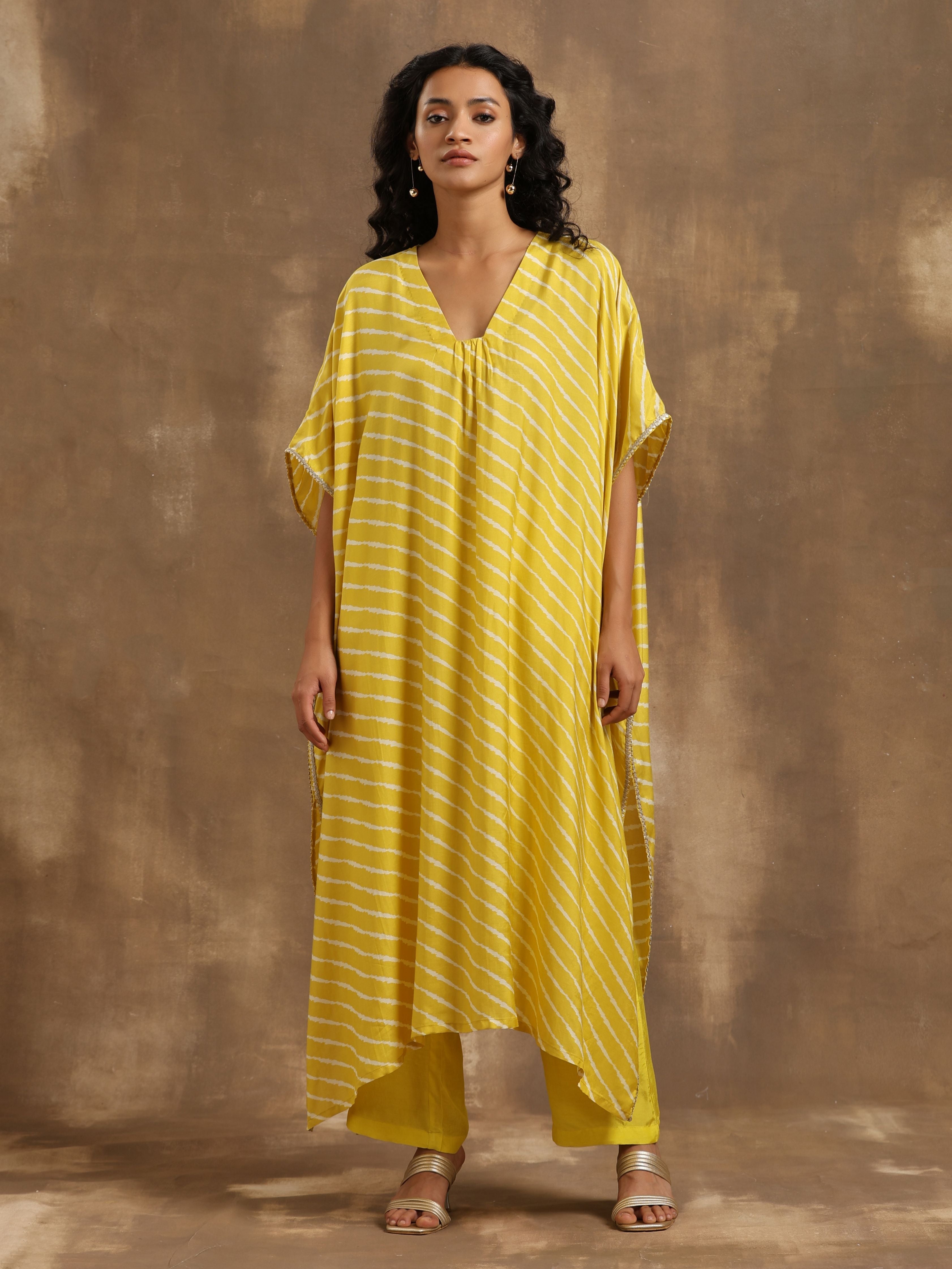 trueBrowns Lime Lehariya Printed Silk Kaftan Pant Set