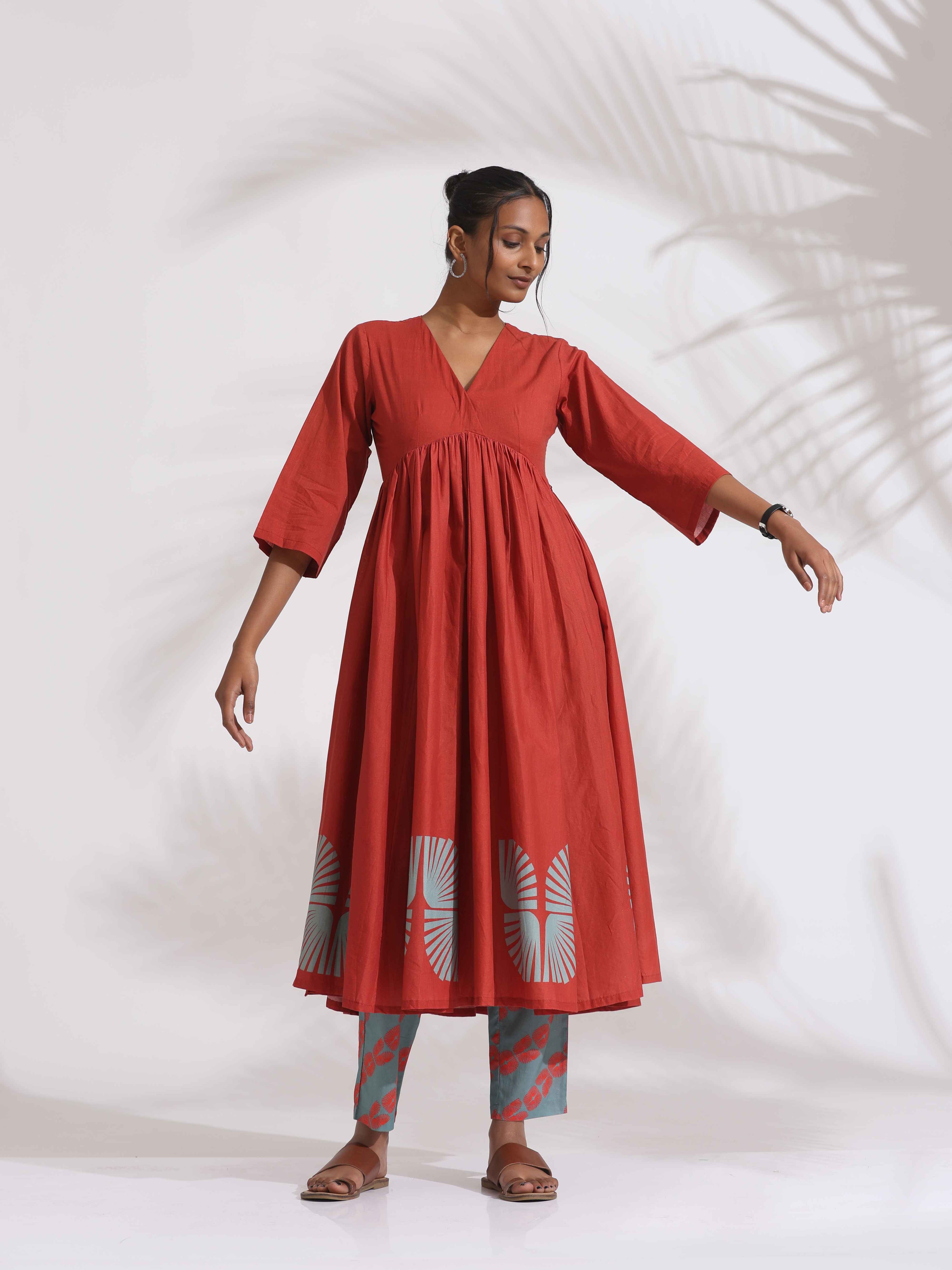 trueBrowns Red Cotton Print Flared Kurta Set