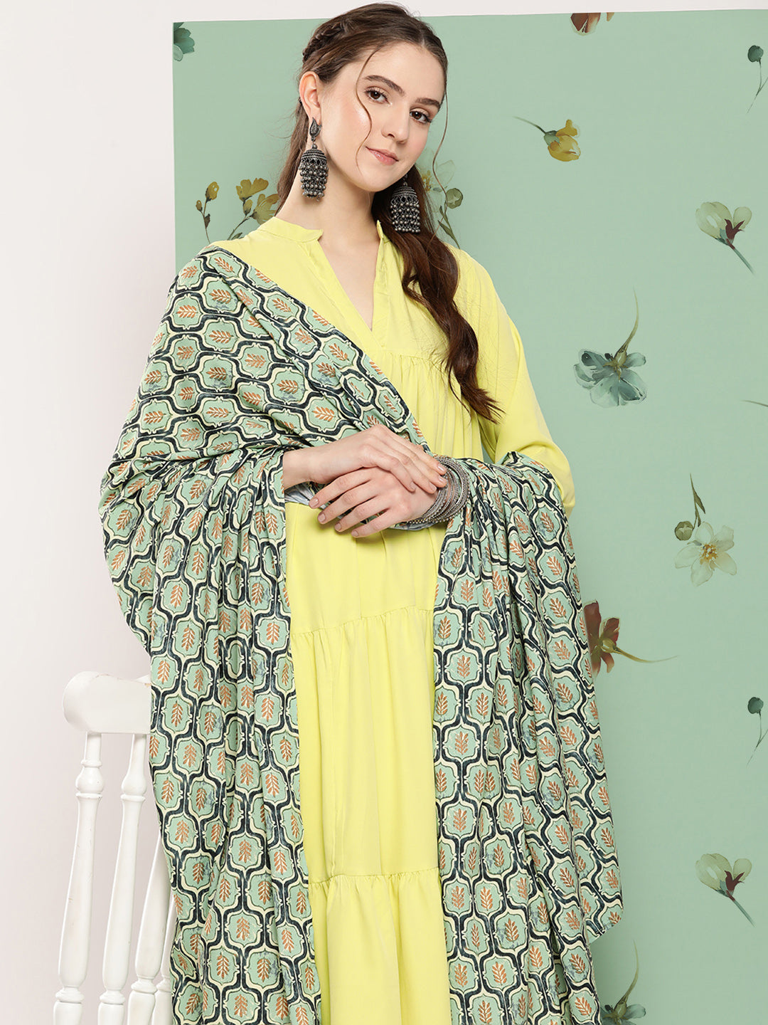 InWeave Women's Lime Green Flared Kurta Set W Green Print Cr Dupatta
