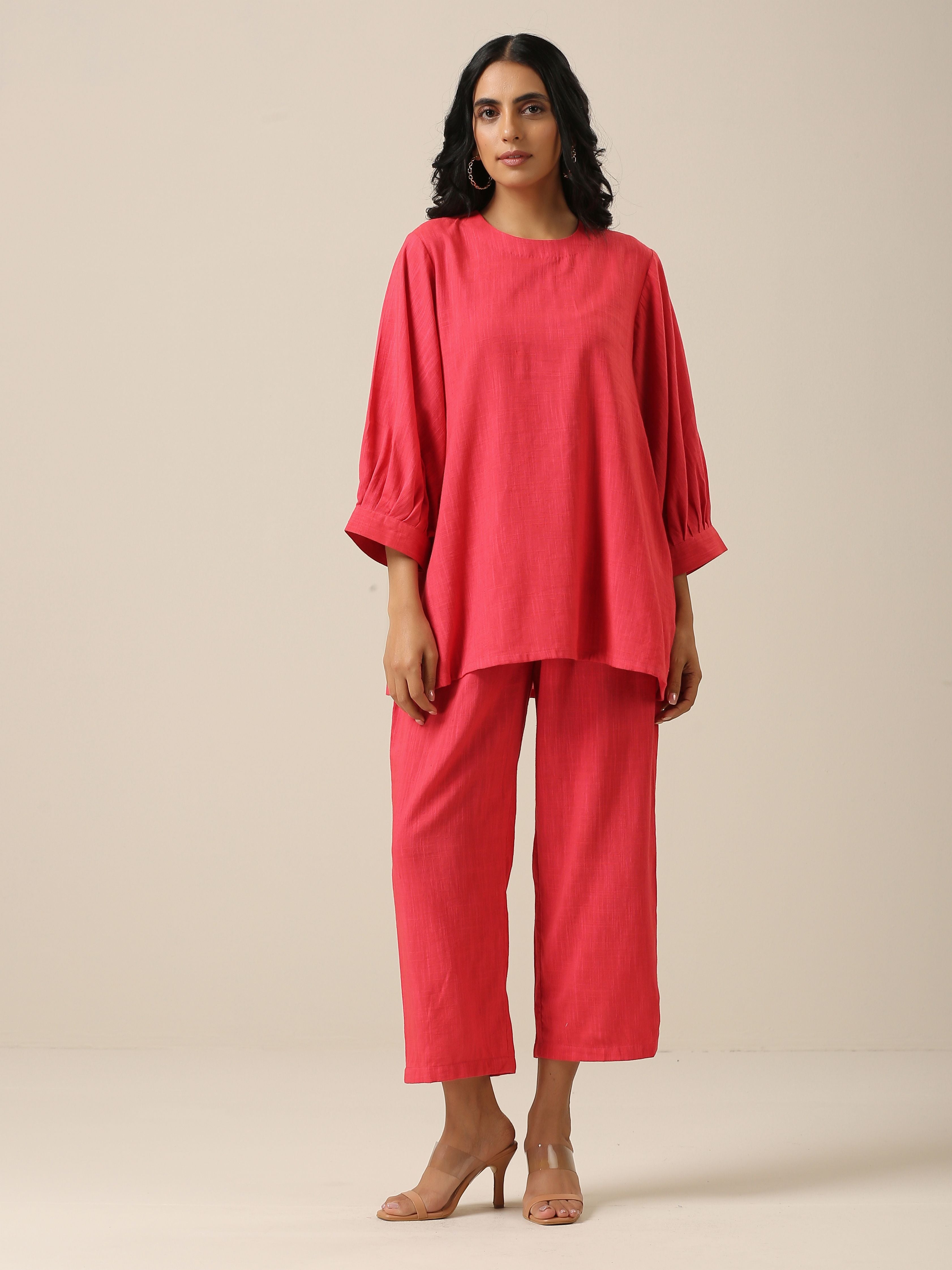 trueBrowns Bright Pink Slub Texture Baggy Sleeve Co-Ord Set