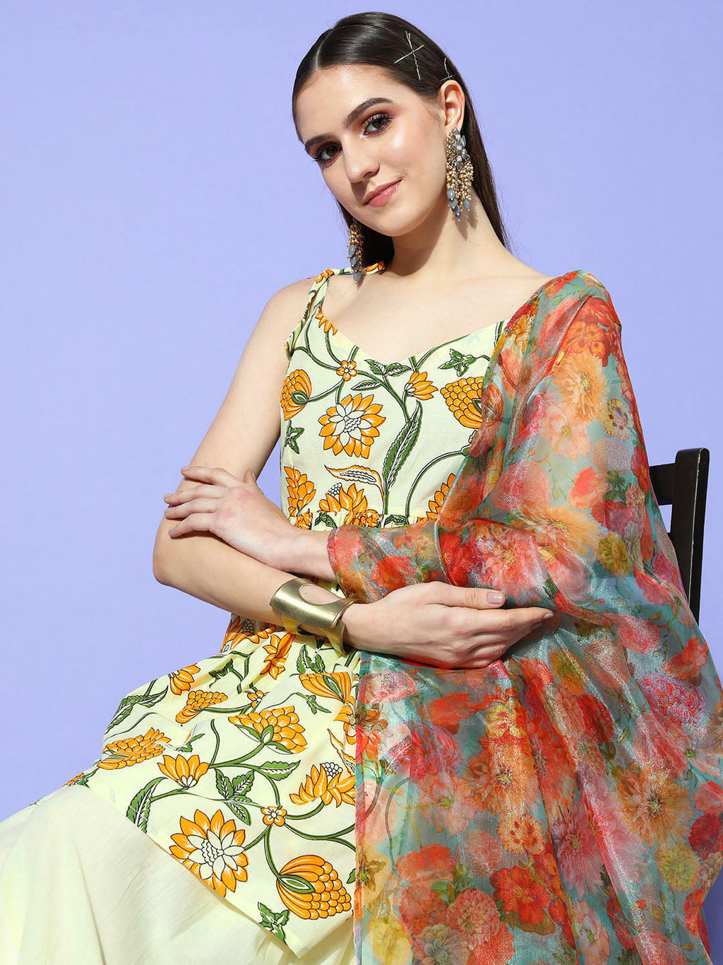InWeave Women's Off White Yellow Floral Print Tie Up Kurta Sharara Set With Dupatta