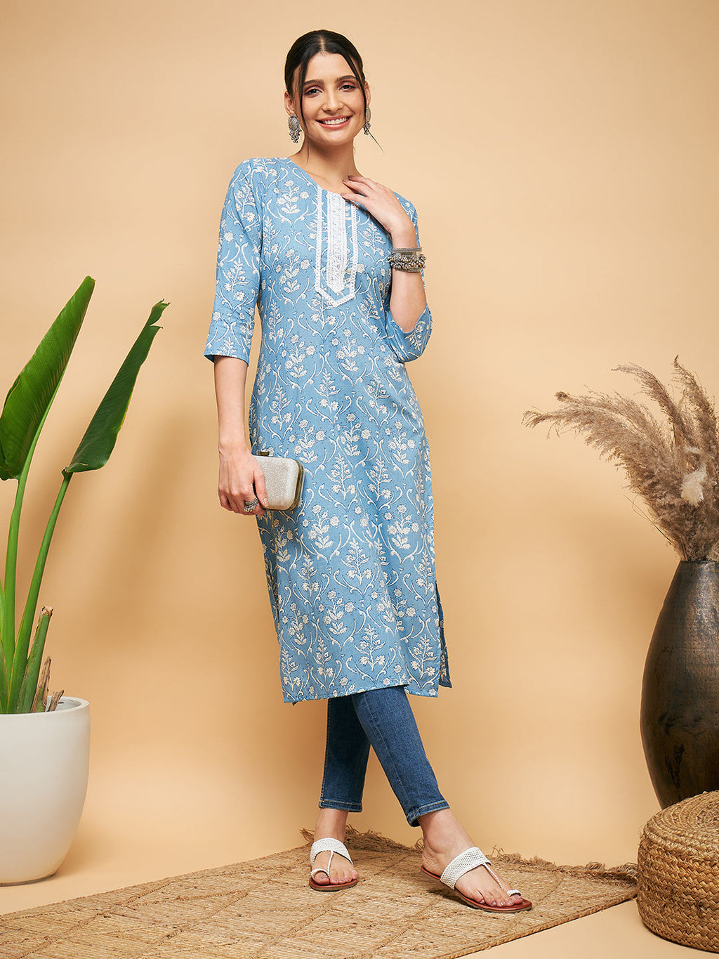 InWeave Women's Powder Blue White Print Lace Straight Kurta