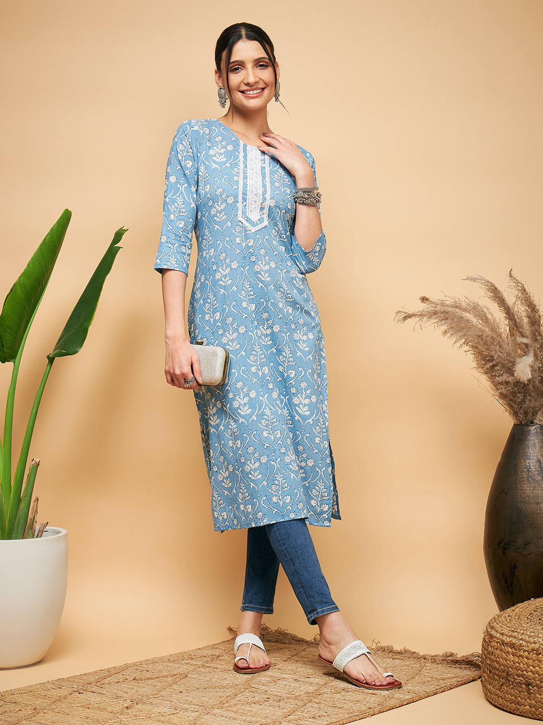 InWeave Women's Powder Blue White Print Lace Straight Kurta