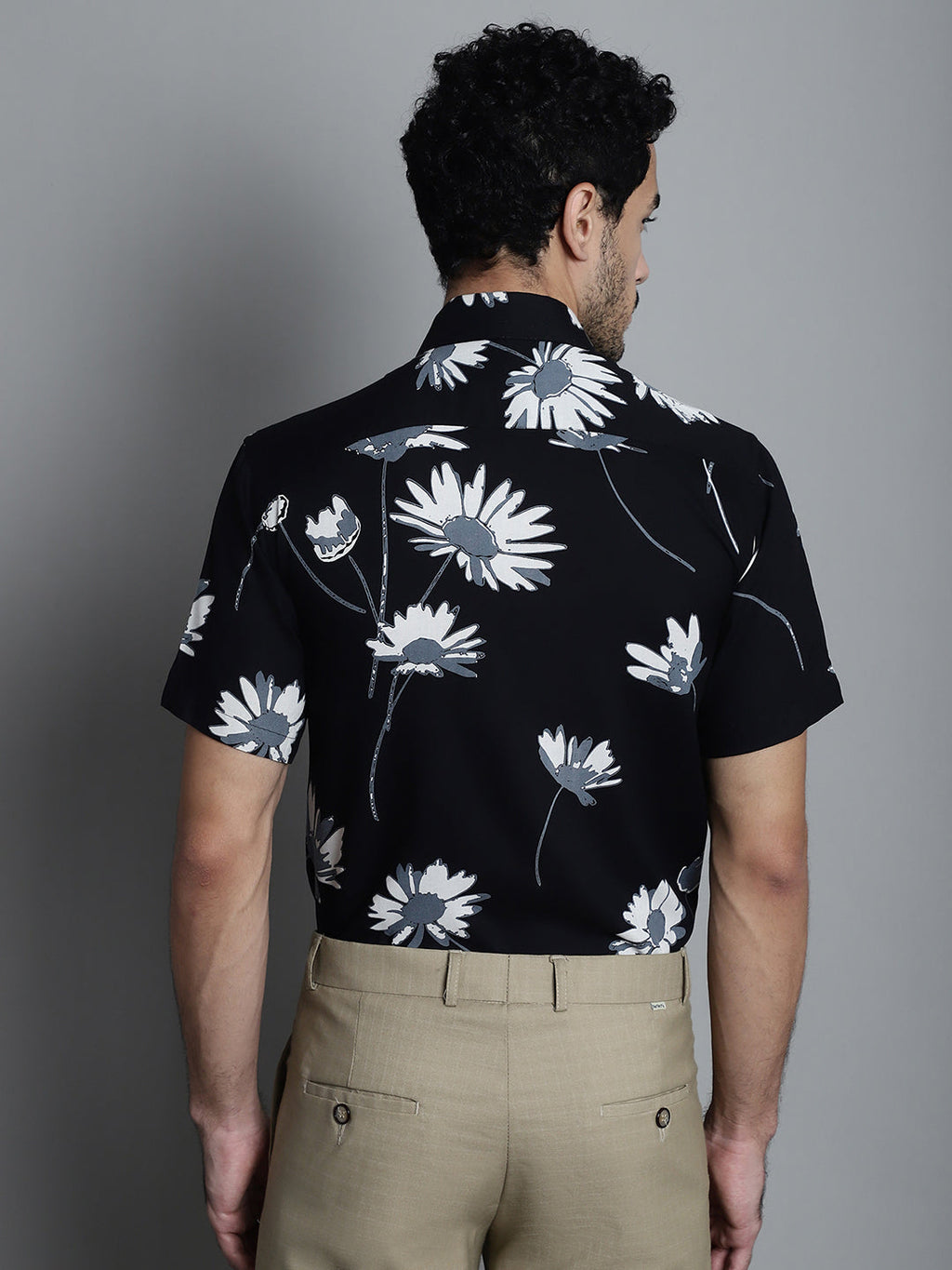 Jainish Men's Floral Printed Formal Shirts - Black