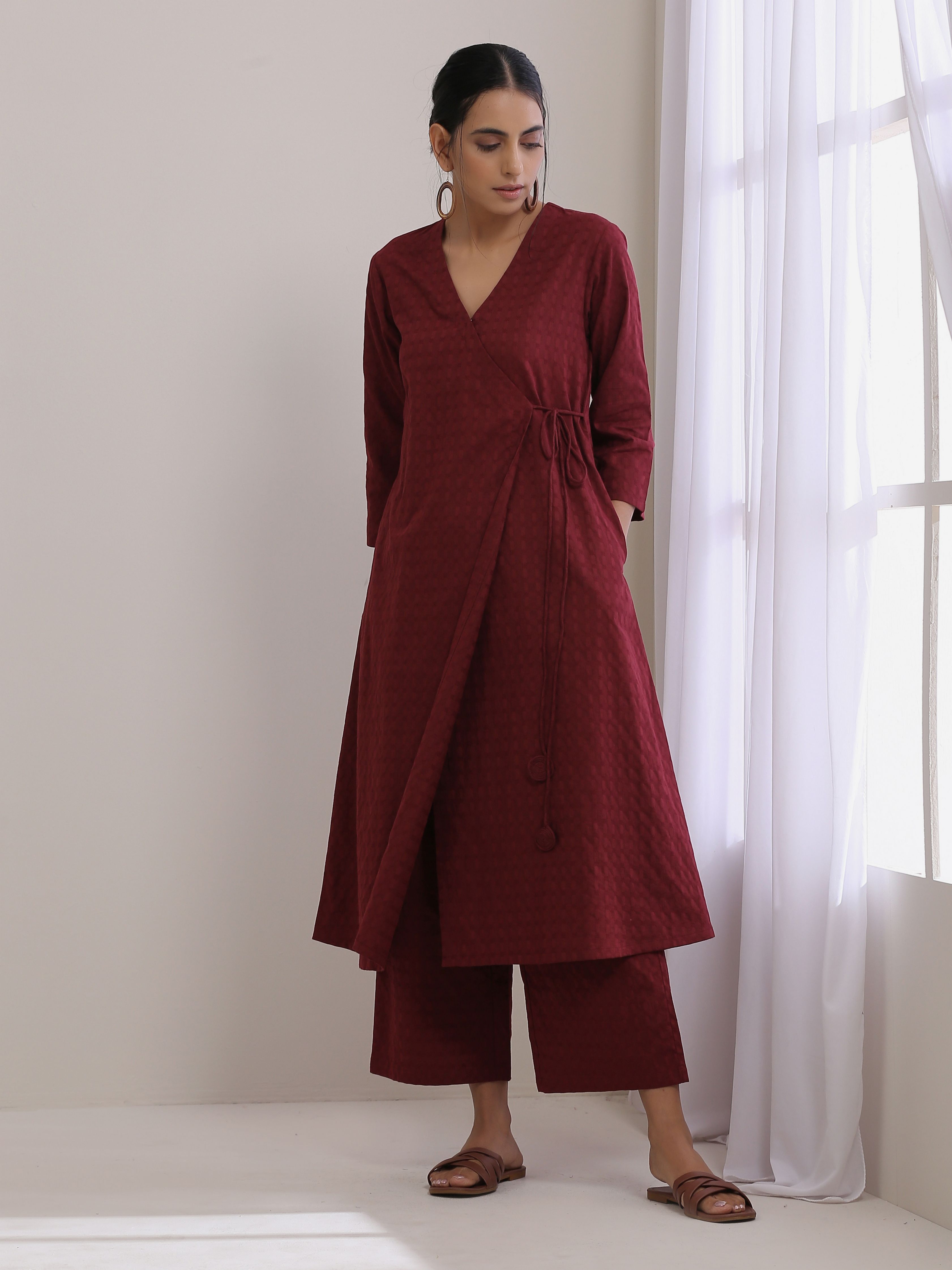 trueBrowns Ruby Wine Dobby Angrakha Pant Set