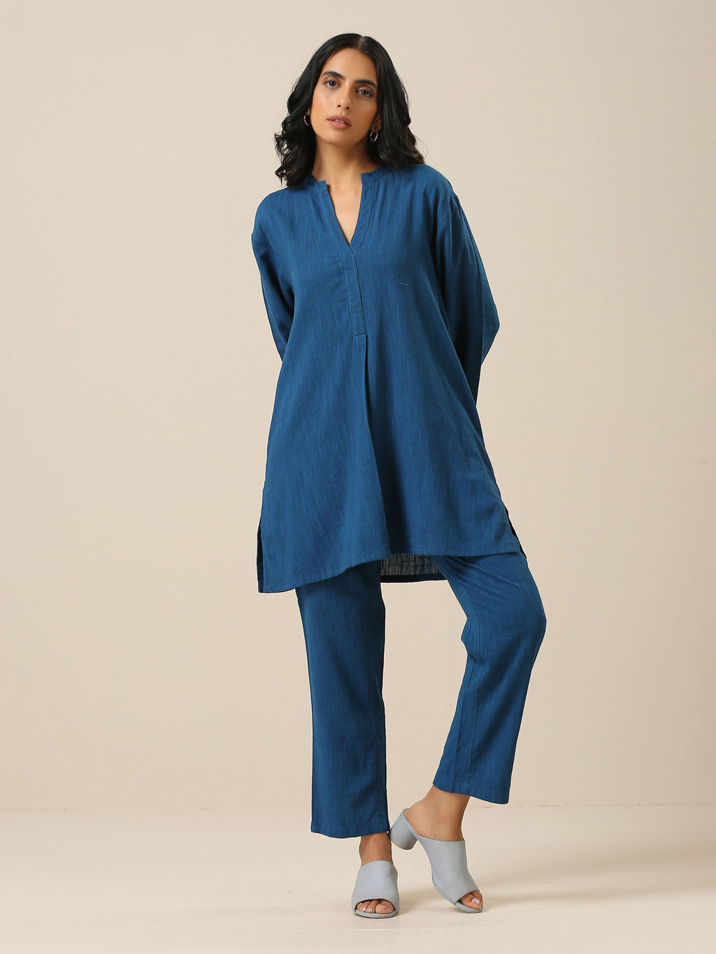trueBrowns Classic Blue Slub Texture Relax Fit Co-Ord Set