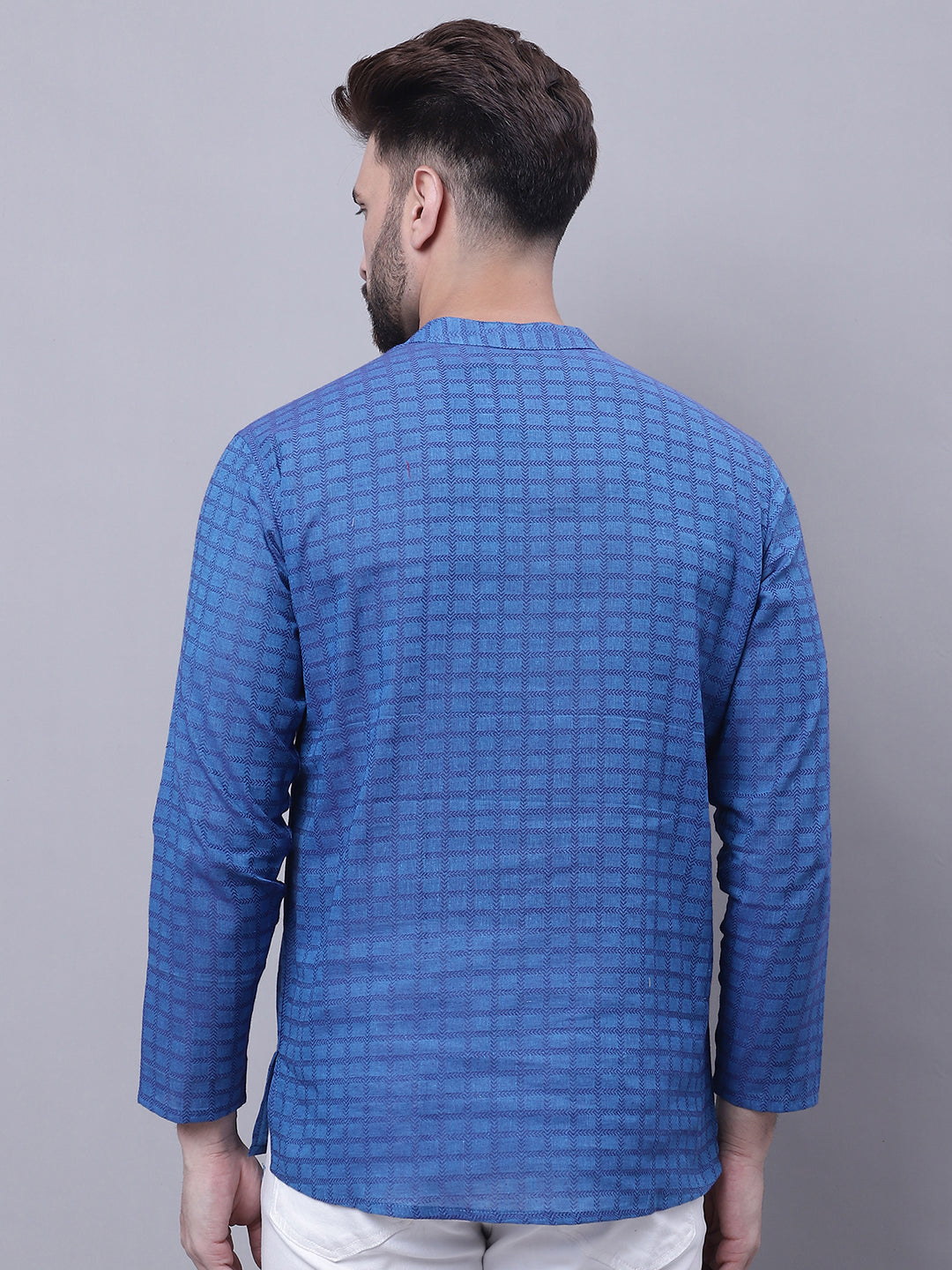 Even Apparels Blue Pure Cotton Short Kurta With Band Collar