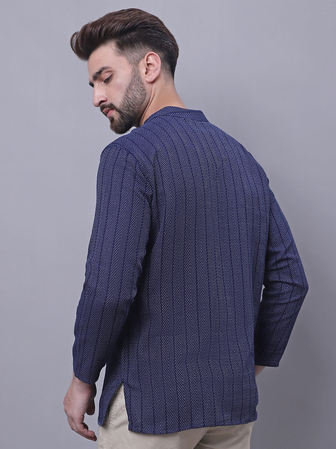Indian Clothing Even Apparels Blue Pure Cotton Short Kurta With Band Collar
