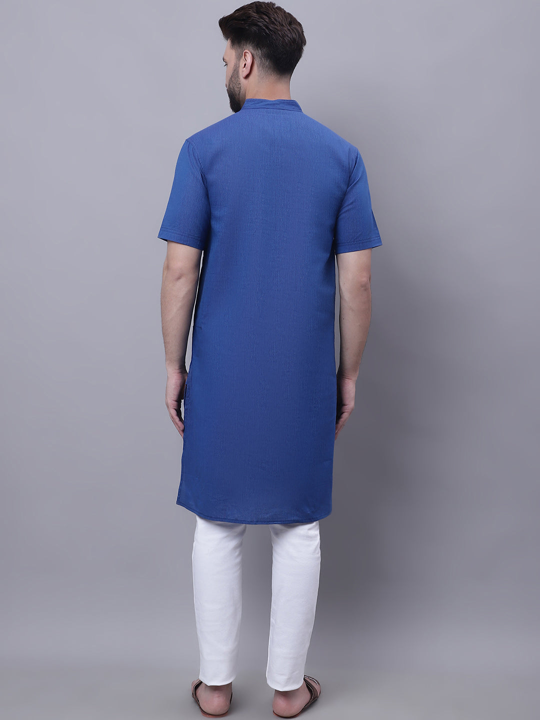 Even Apparels Blue Pure Cotton Short Sleeves Kurta With Band Collar