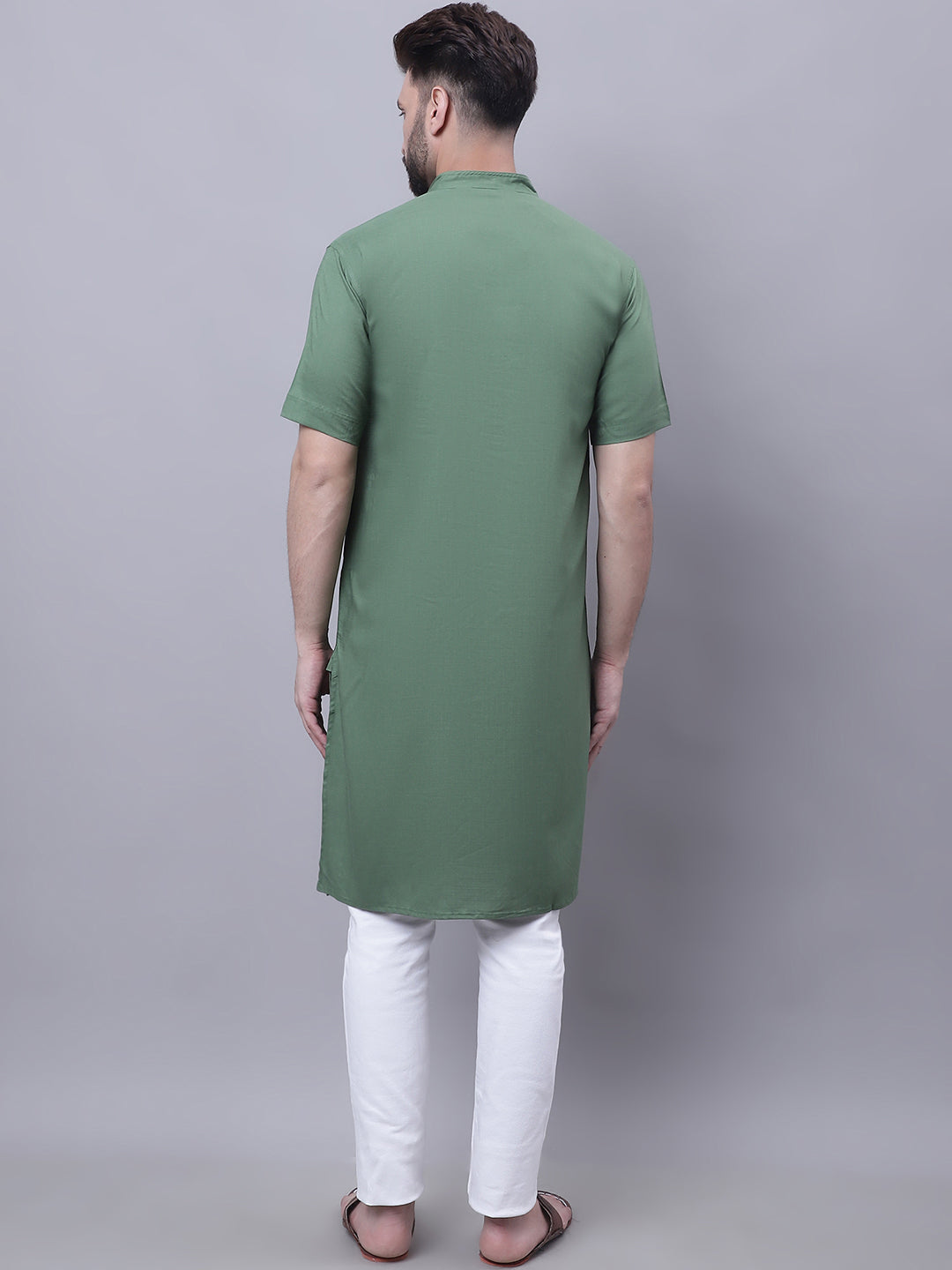 Even Apparels Green Pure Cotton Short Sleeves Kurta With Band Collar