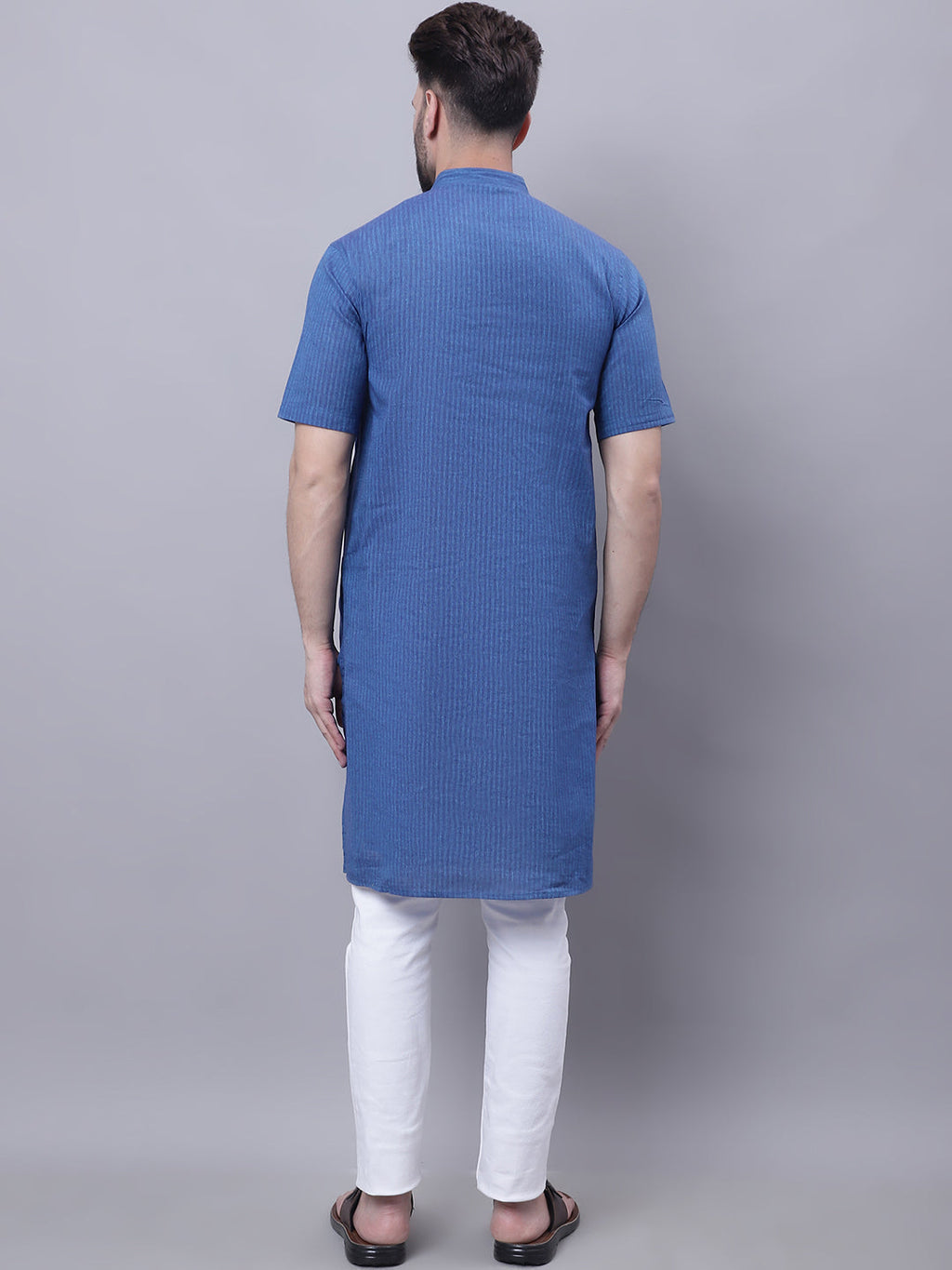 Even Apparels Blue Pure Cotton Short Sleeves Kurta With Band Collar