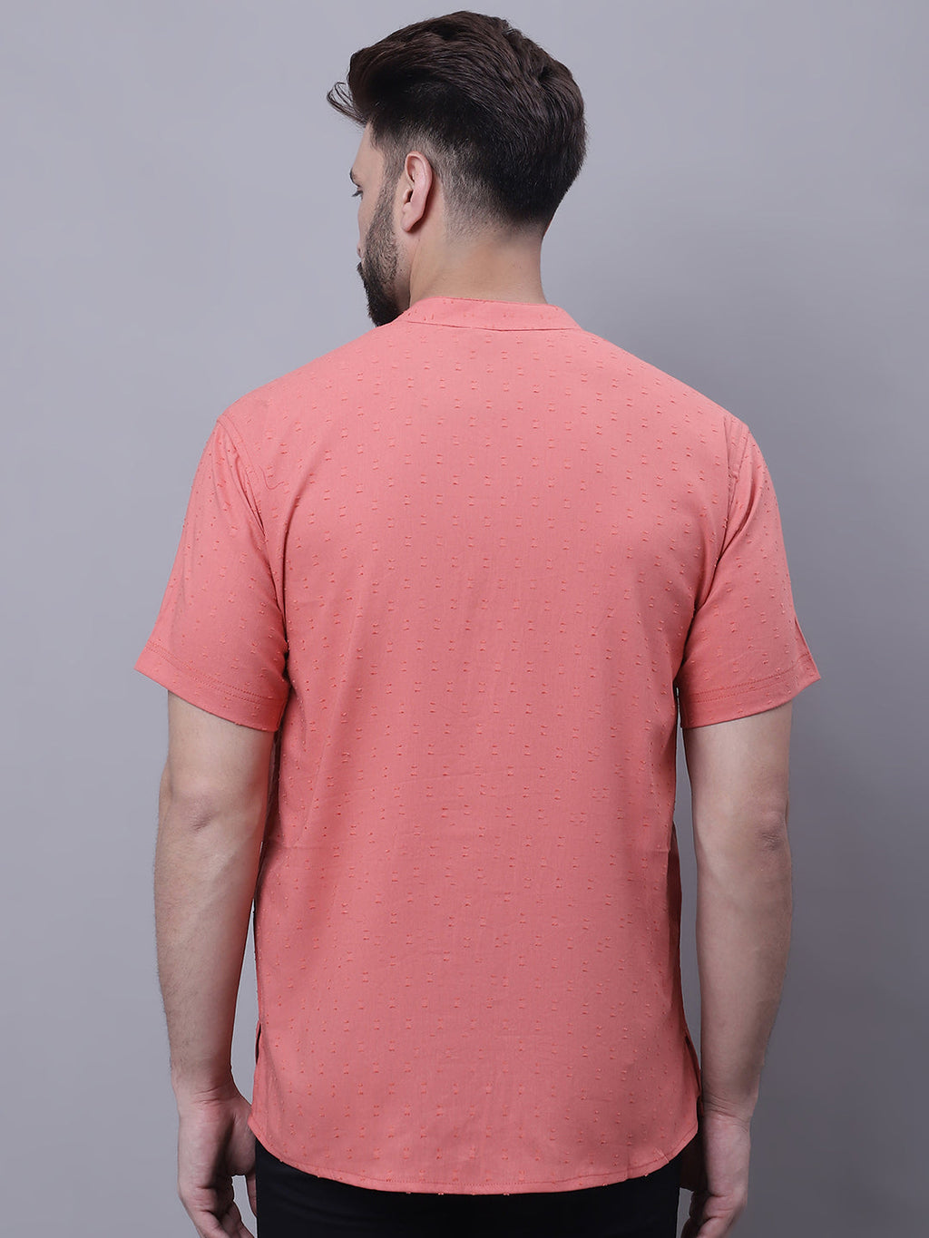 Even Apparels Peach Pure Cotton Short Sleeves Kurta With Band Collar