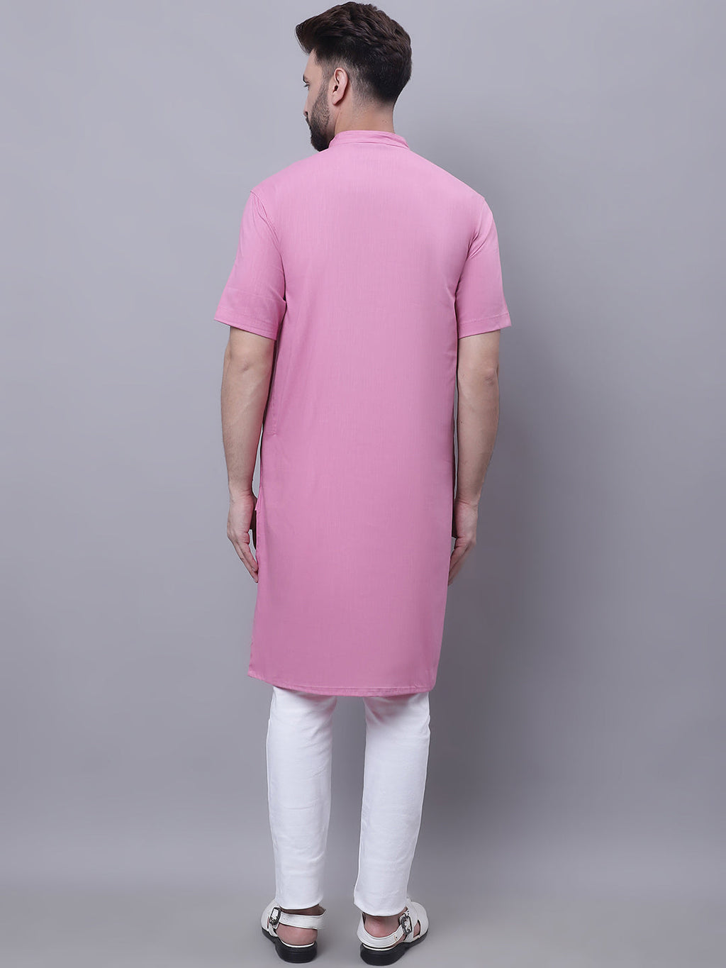 Even Apparels Pink Pure Cotton Short Sleeves Kurta With Band Collar