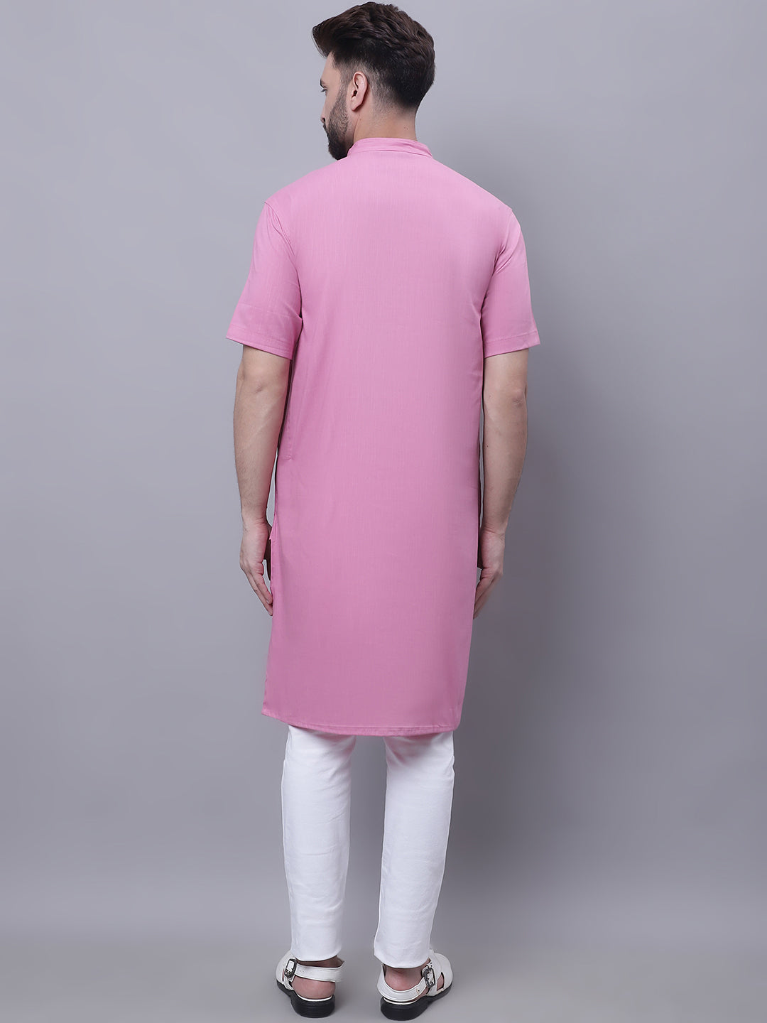 Even Apparels Pink Pure Cotton Short Sleeves Kurta With Band Collar