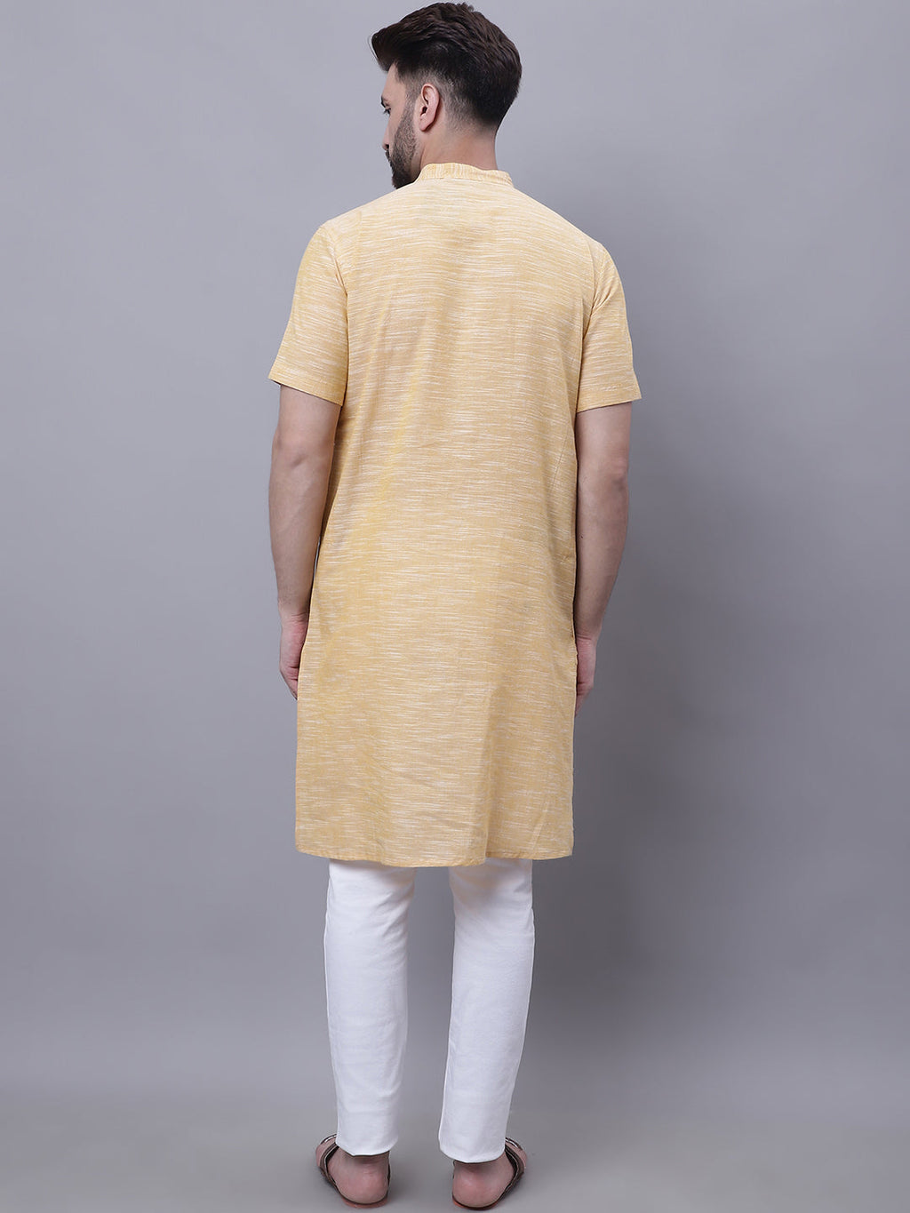 Even Apparels Yellow Pure Cotton Short Sleeves Kurta With Band Collar