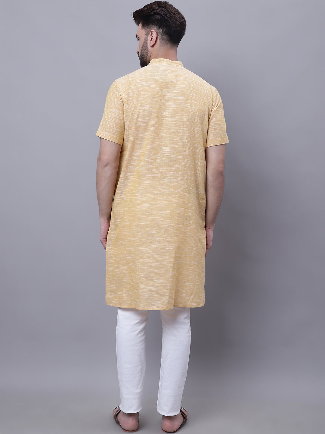 Even Apparels Yellow Pure Cotton Short Sleeves Kurta With Band Collar