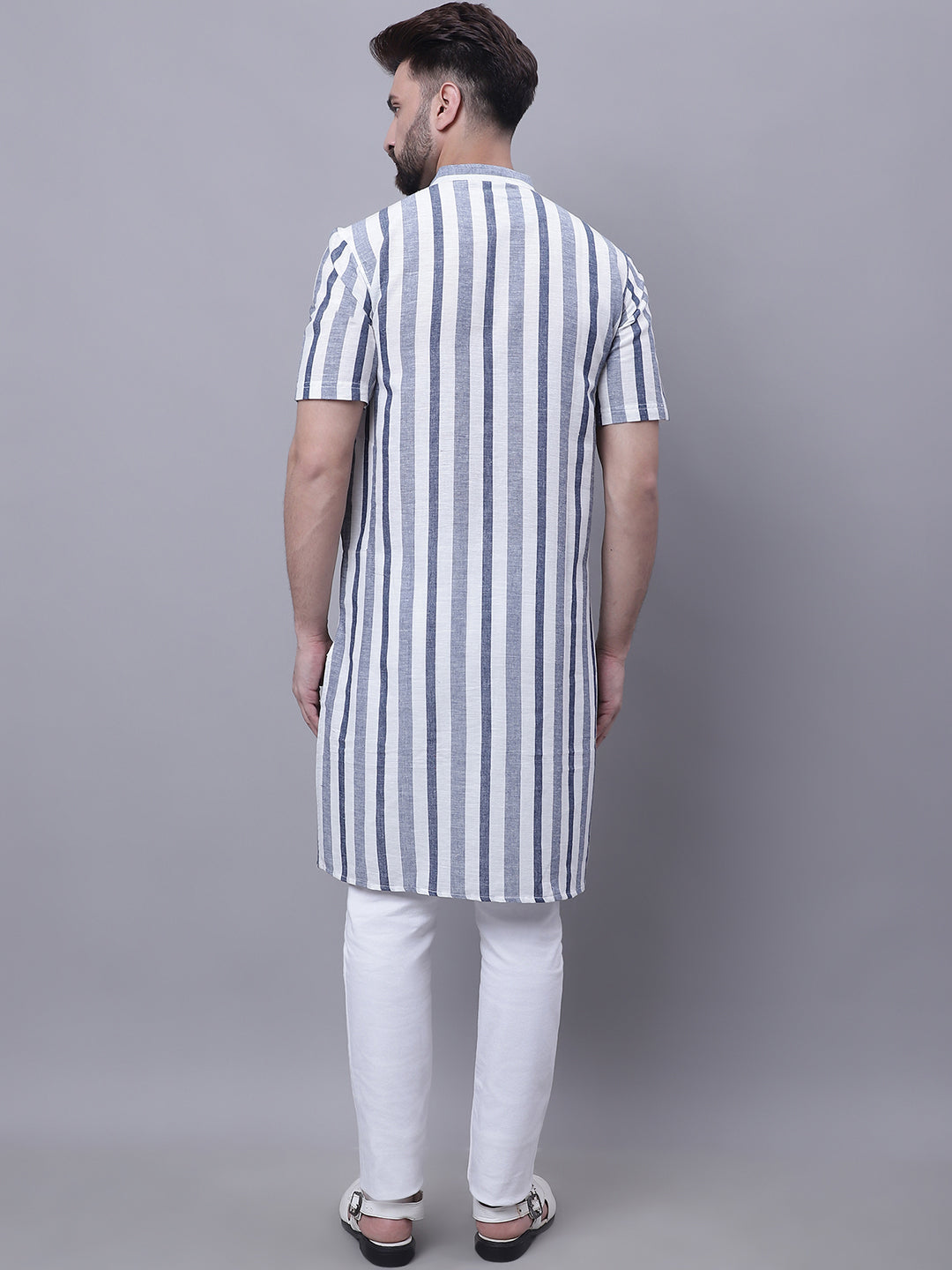 Even Apparels Grey Pure Cotton Short Sleeves Kurta With Band Collar