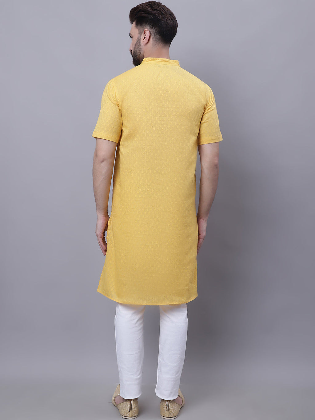 Even Apparels Yellow Pure Cotton Short Sleeves Kurta With Band Collar