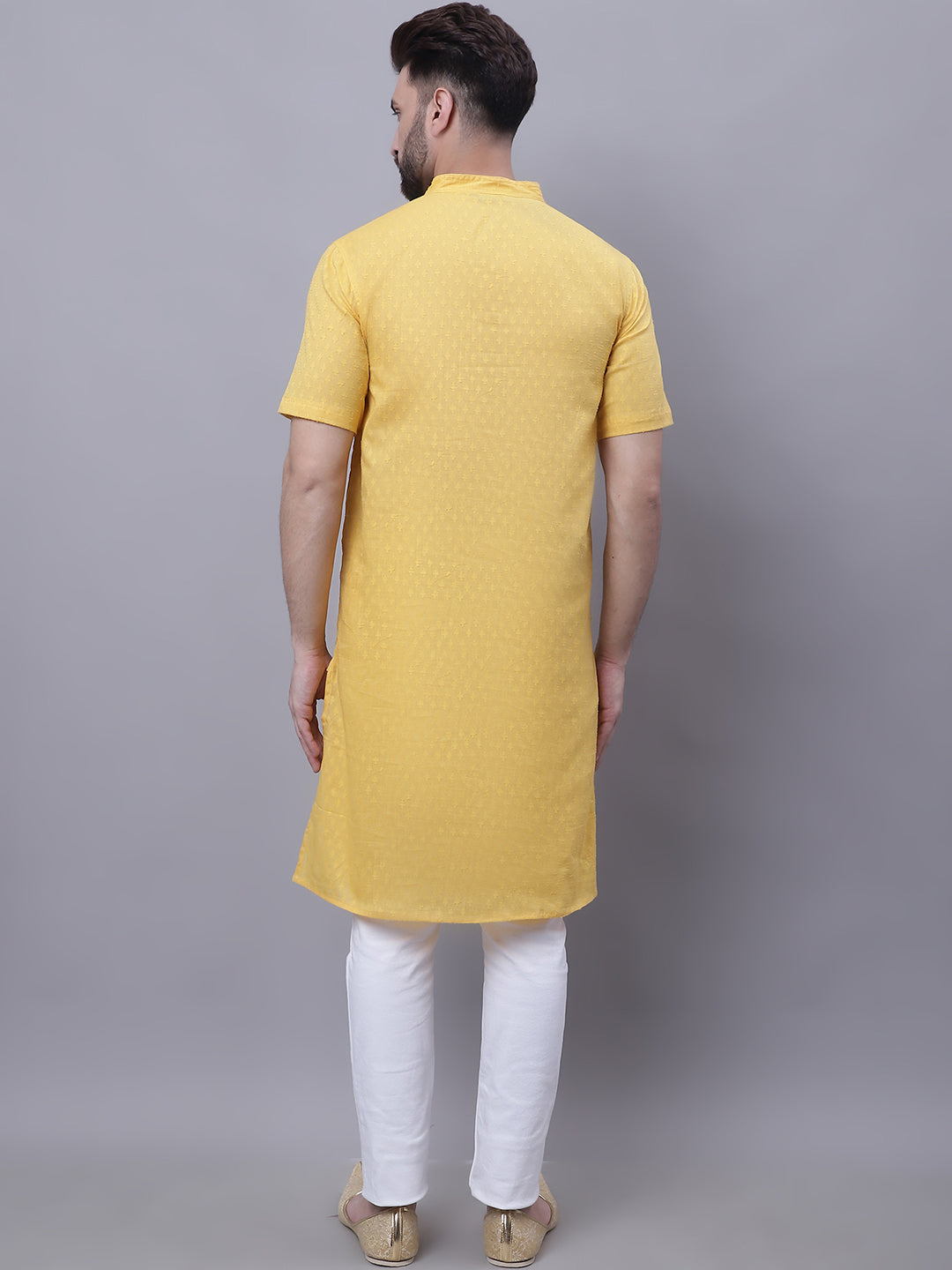 Even Apparels Yellow Pure Cotton Short Sleeves Kurta With Band Collar
