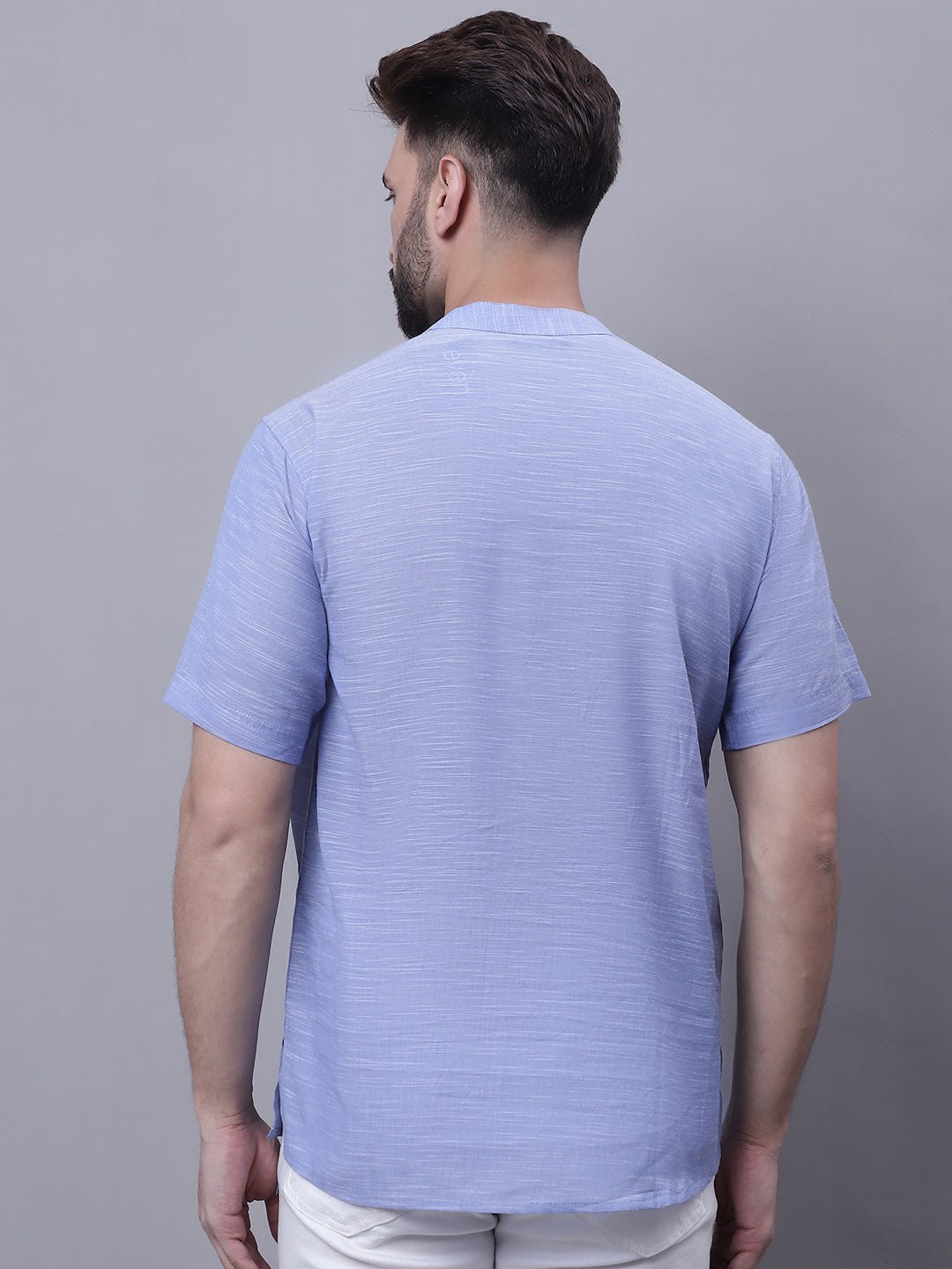 Even Apparels Blue Pure Cotton Short Kurta With Band Collar