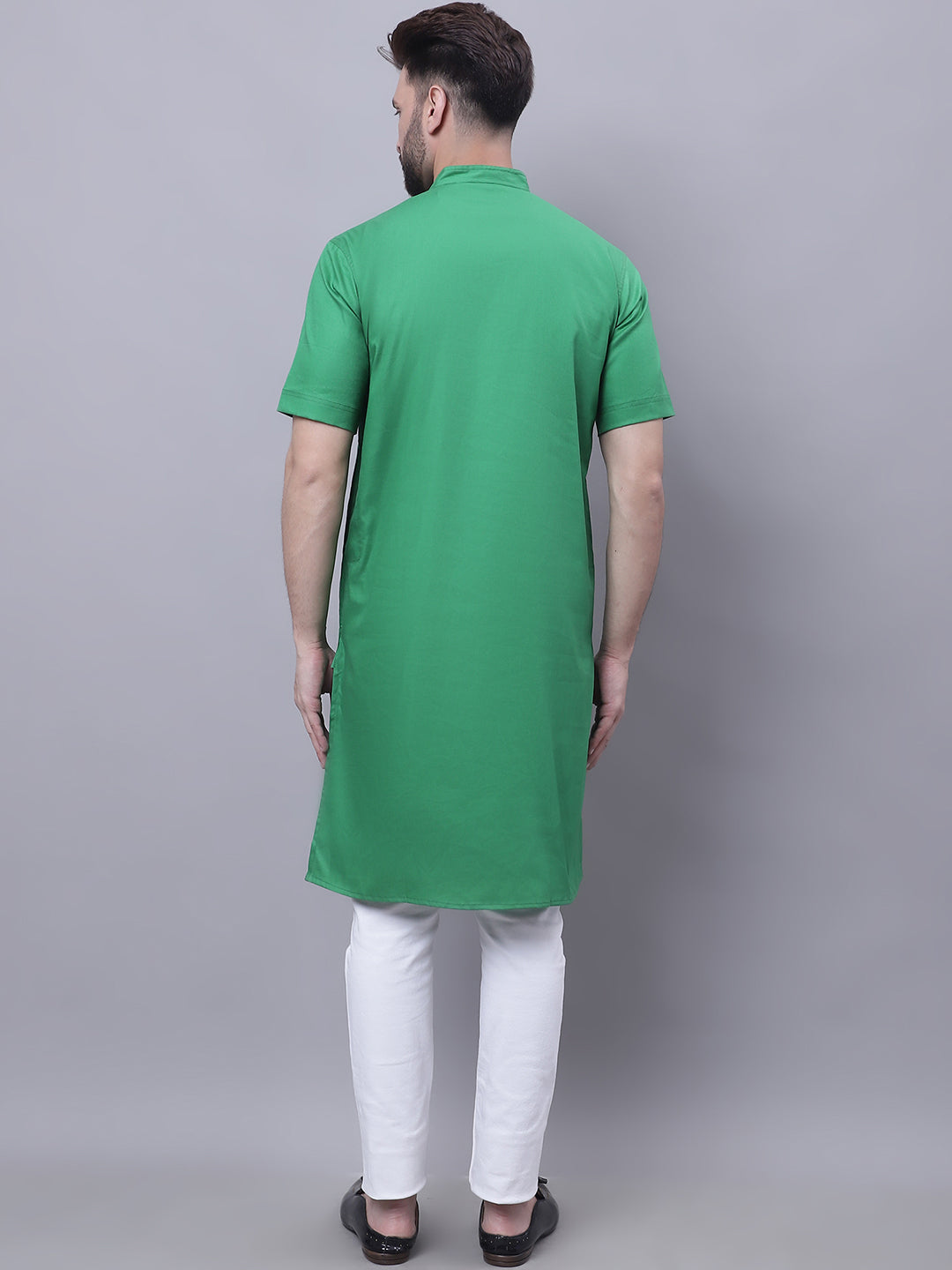 Even Apparels Green Pure Cotton Short Sleeves Kurta With Band Collar