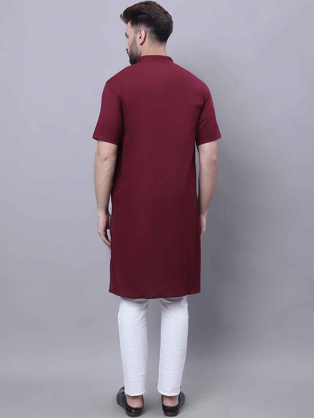 Even Apparels Red Pure Cotton Short Sleeves Kurta With Band Collar