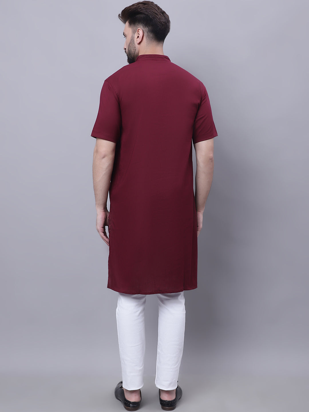 Even Apparels Red Pure Cotton Short Sleeves Kurta With Band Collar
