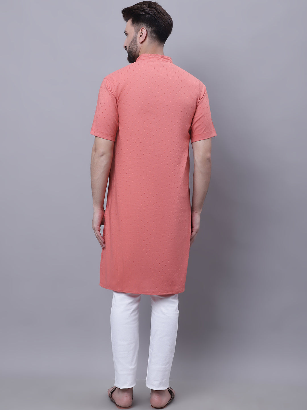 Even Apparels Peach Pure Cotton Short Sleeves Kurta With Band Collar