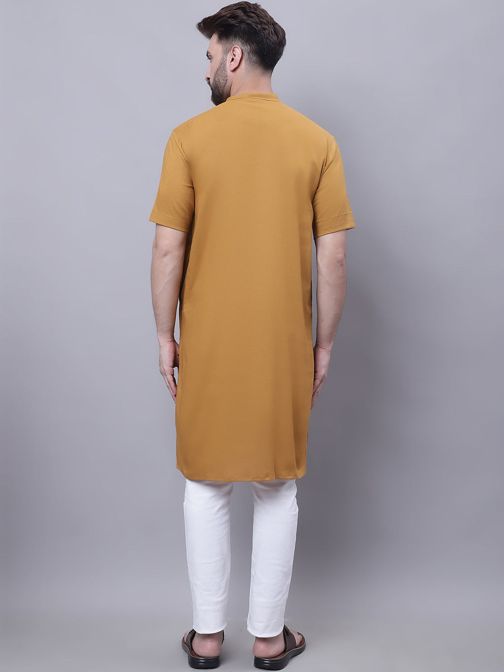 Even Apparels Mustard Pure Cotton Short Sleeves Kurta With Band Collar