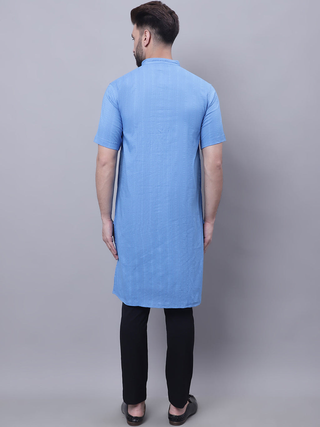 Even Apparels Blue Pure Cotton Short Sleeves Kurta With Band Collar