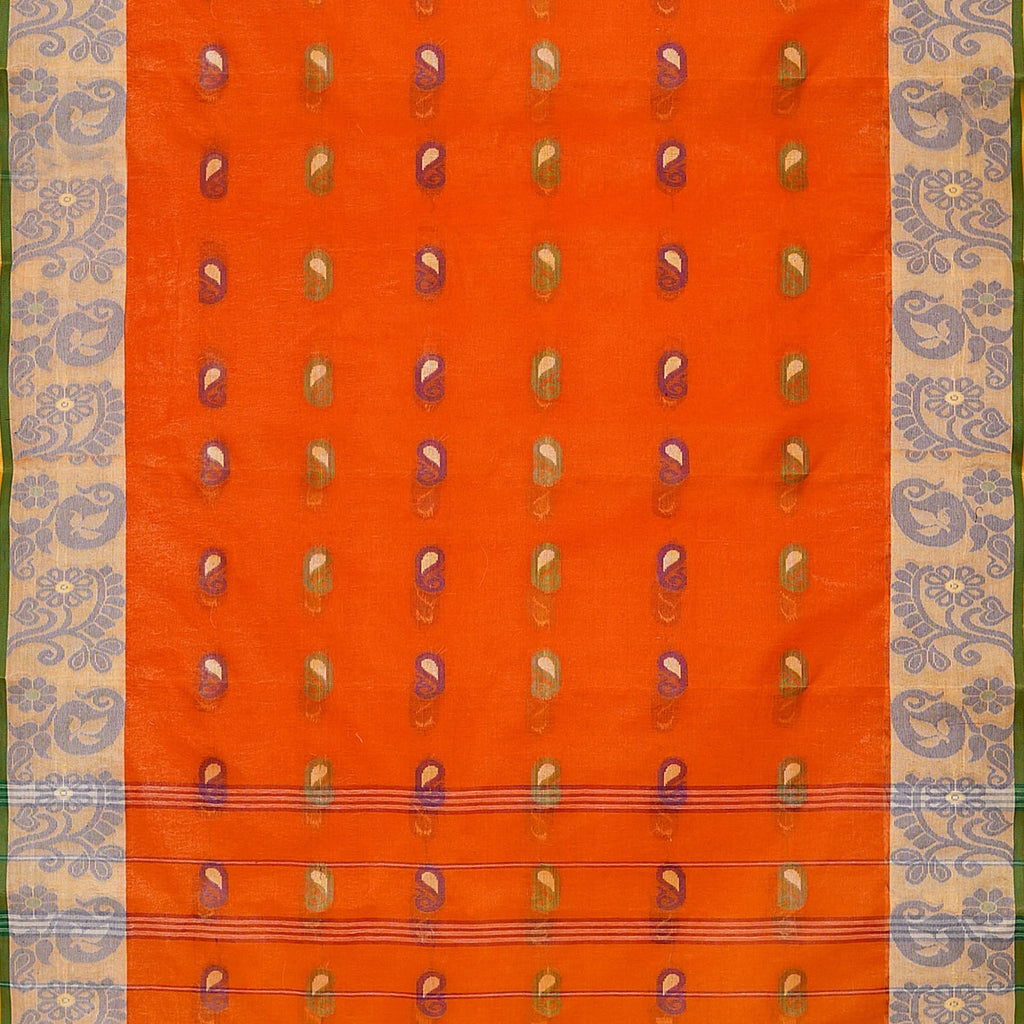 Exclusive Collection 100% Pure Cotton Orange Tant Saree With Hand Weaving Work