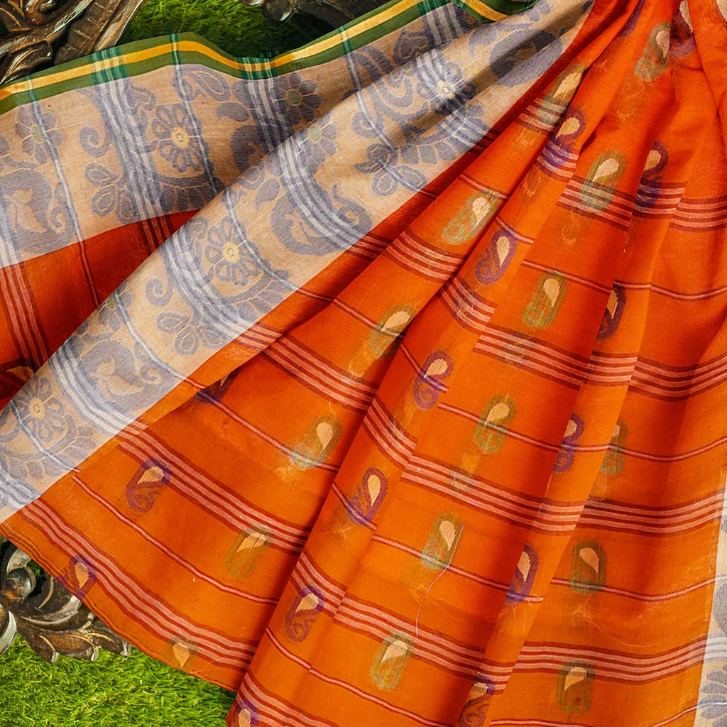 Exclusive Collection 100% Pure Cotton Orange Tant Saree With Hand Weaving Work