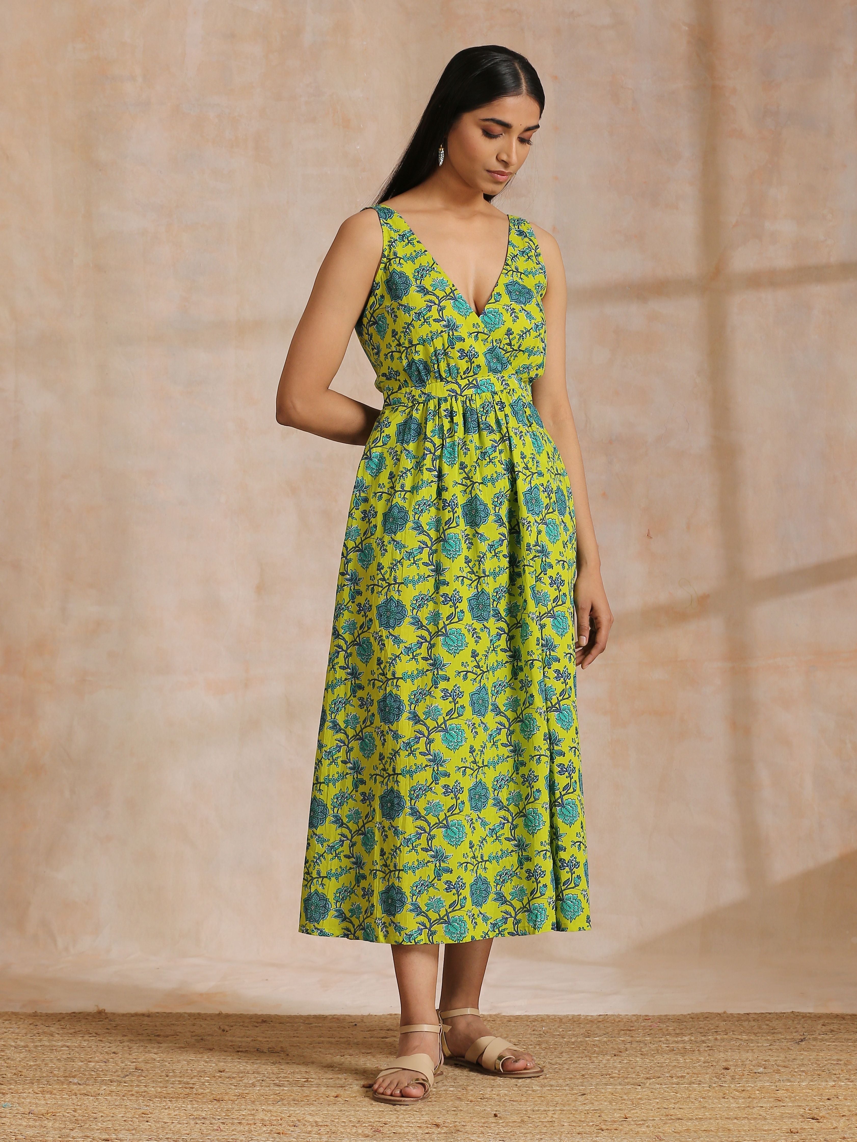 trueBrowns Lime Green Overall Teal Floral Block Print Cotton Sleeveless Wrap Dress