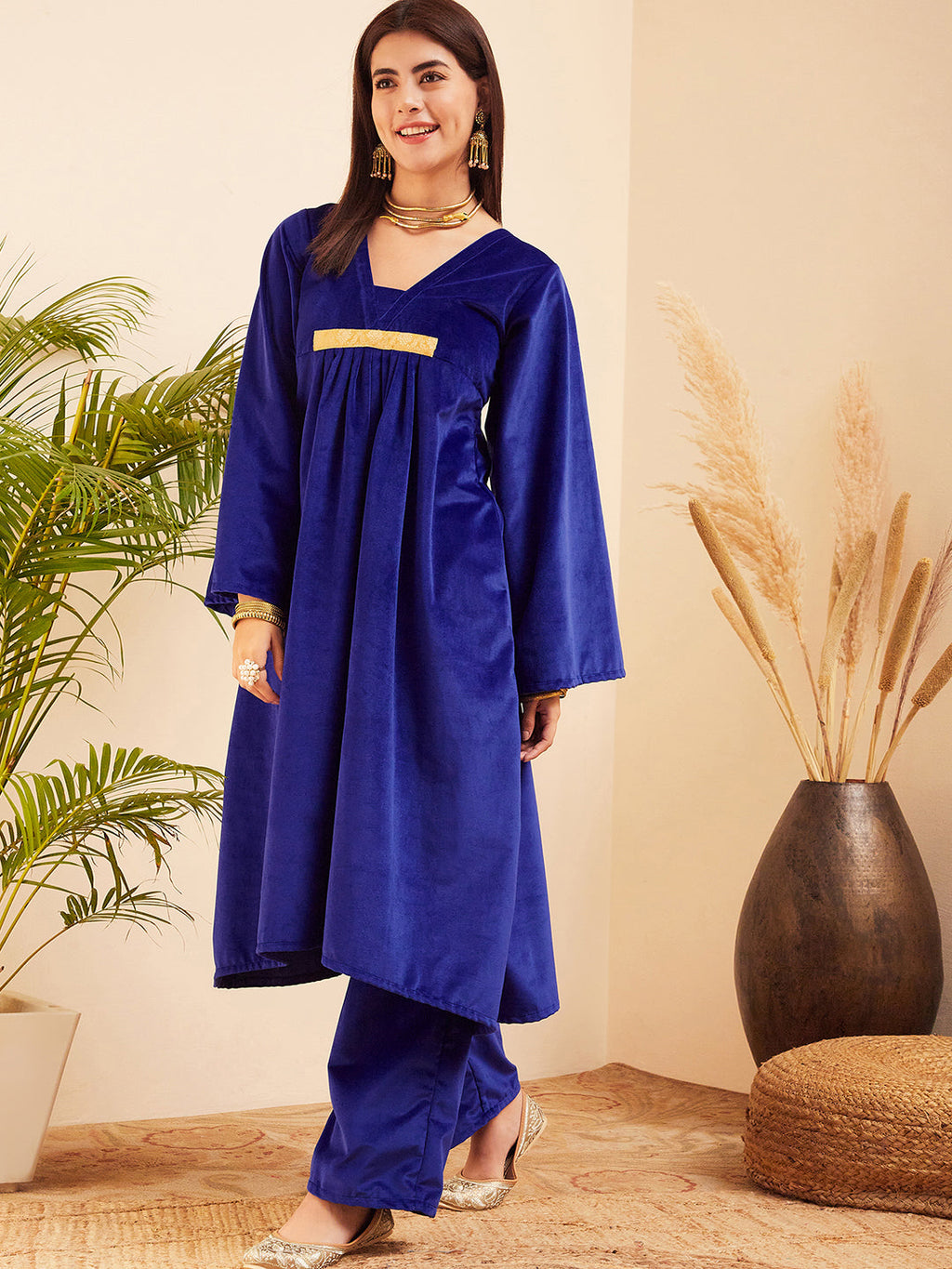 InWeave Women's Royal Blue V Neck Asymmetrical Pleated Velvet Kurta Set