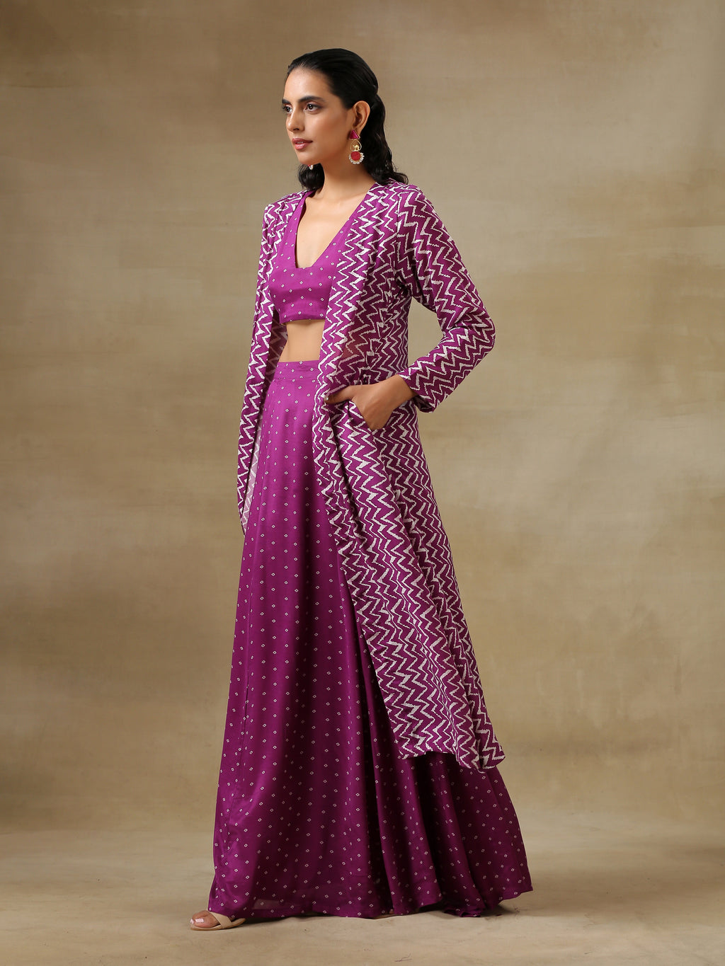 trueBrowns Purple Bandhani Printed Silk Top Skirt Jacket Set