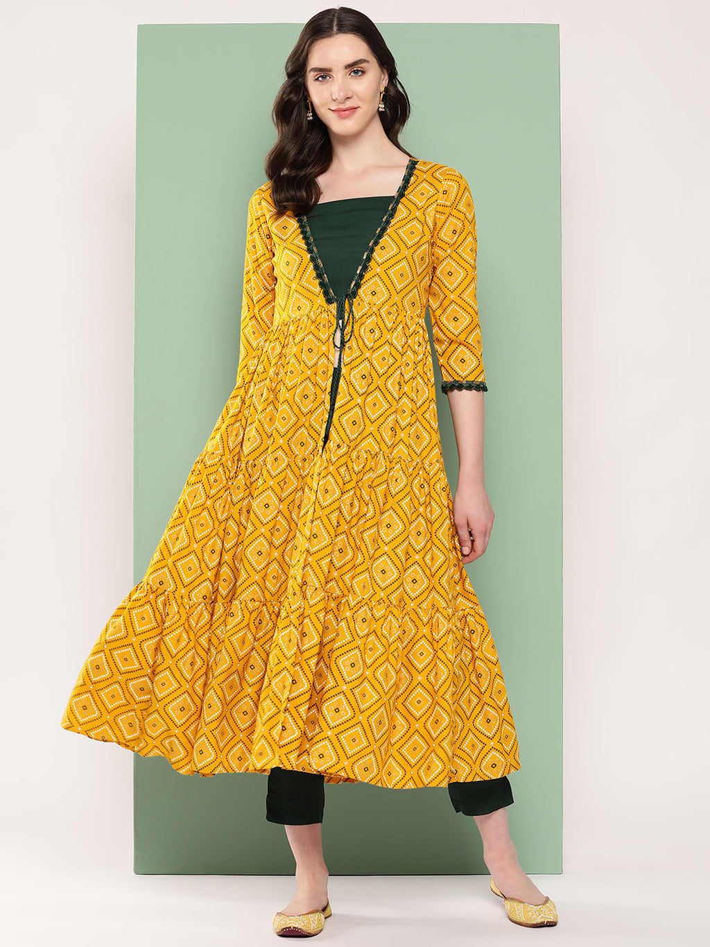 InWeave Women's Green Top Bottom W Mustard Bandhej Long Shrug Set