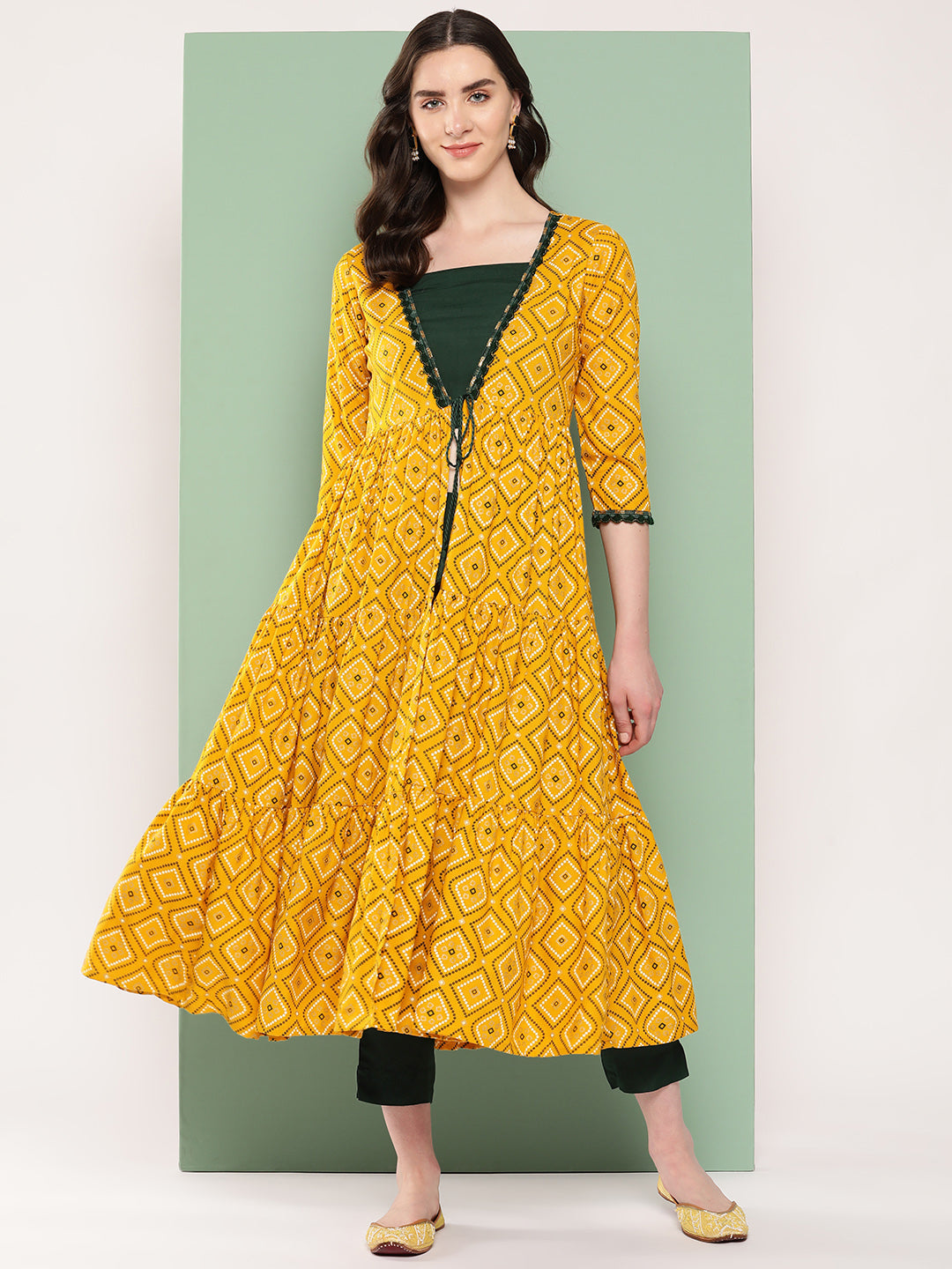 InWeave Women's Green Top Bottom W Mustard Bandhej Long Shrug Set