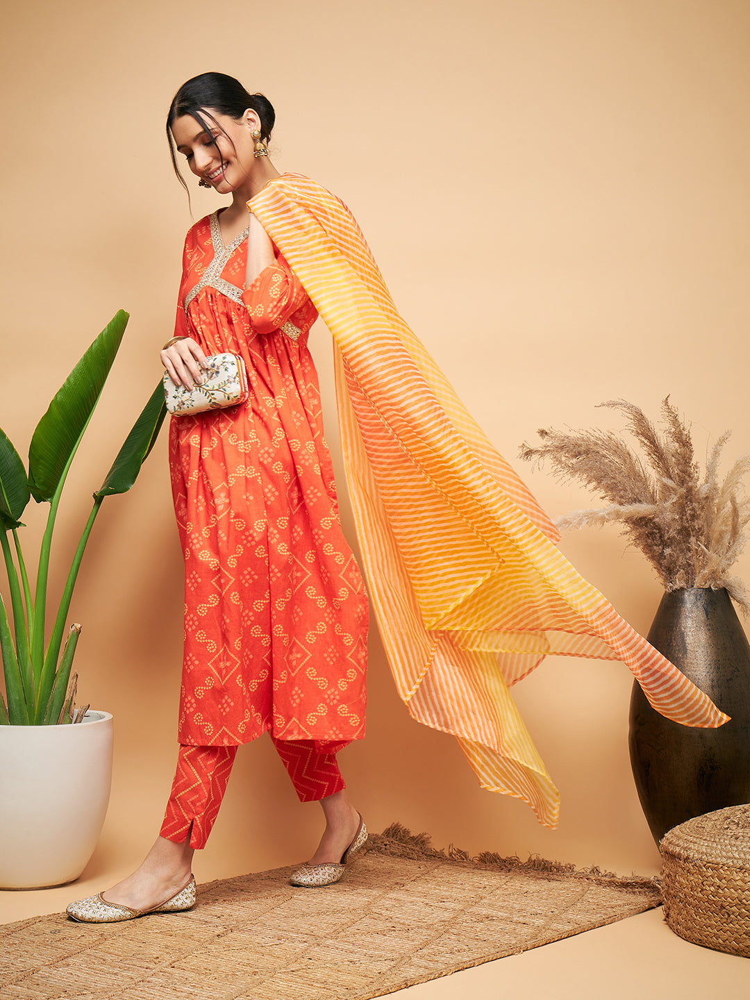 InWeave Women's Orange S Print Alia Cut Gota Work Kurta Set W Mustard Le Du