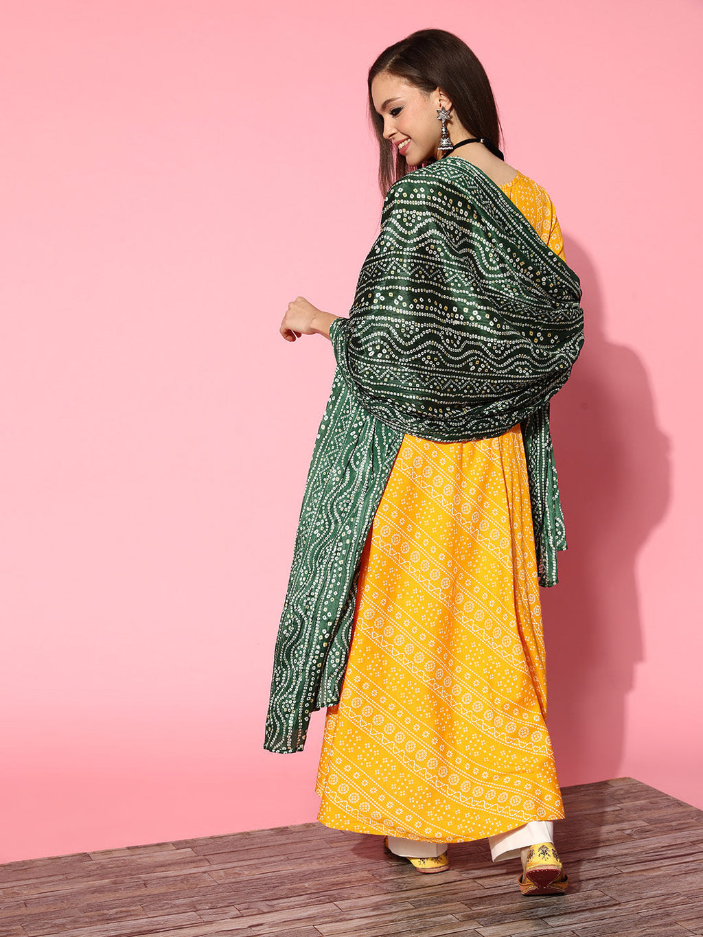 InWeave Women's Yellow Bandhani Long Anarkali Kurta With Green Bandhani Dupatta