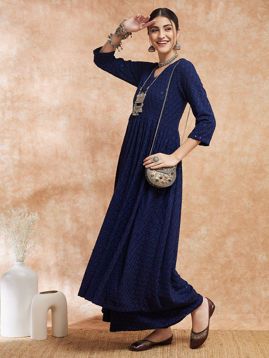 InWeave Women's Royal Blue Chikankari Long Anarkali Kurta Sharara Set