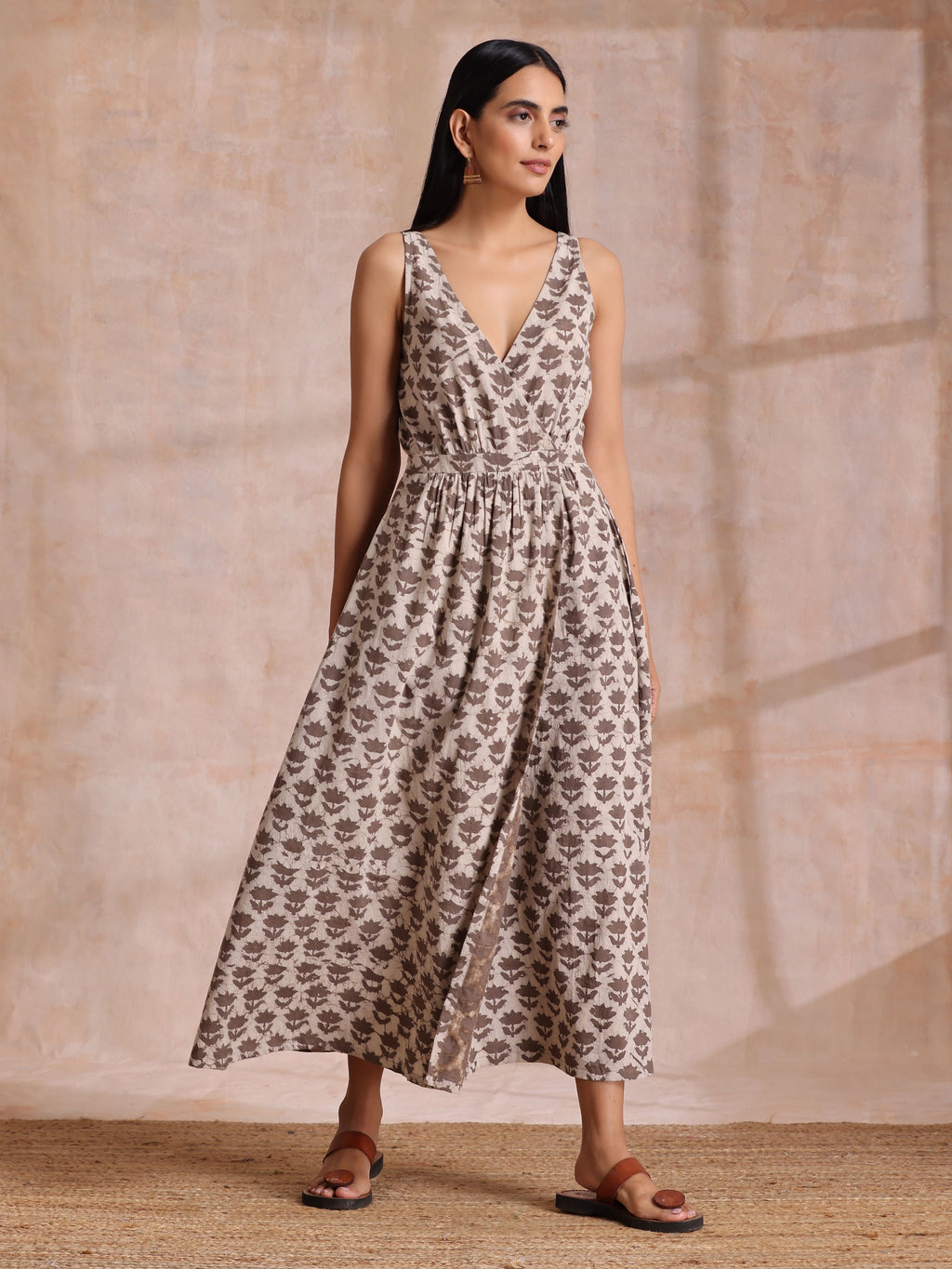 trueBrowns Clay Dabu Buta Print Cotton Sleeveless Wrap Dress