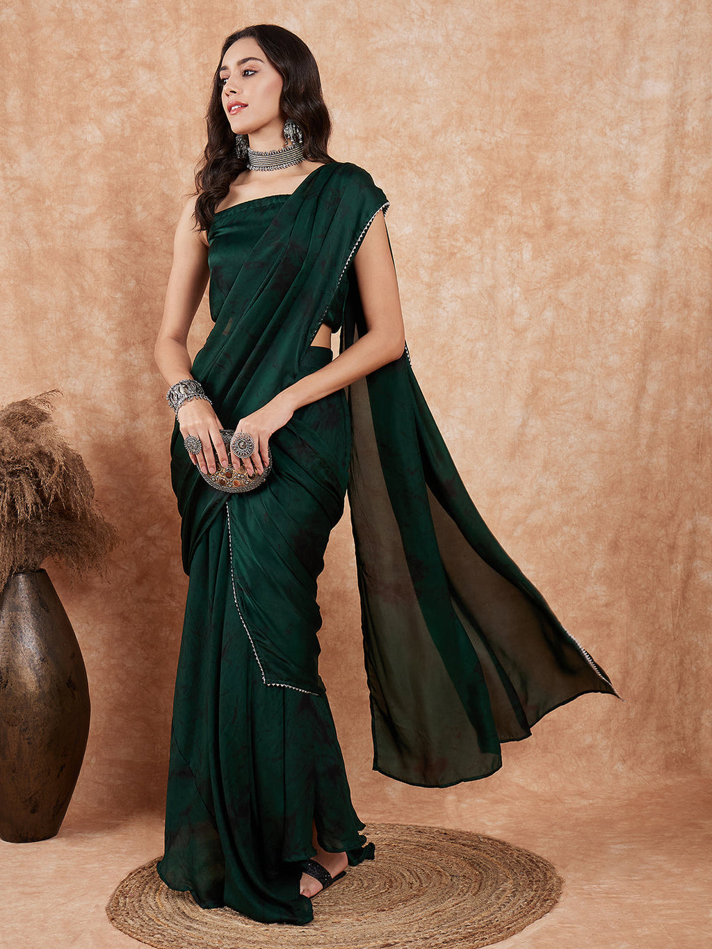 InWeave Women's Dark Green Black Gota Skirt Saree