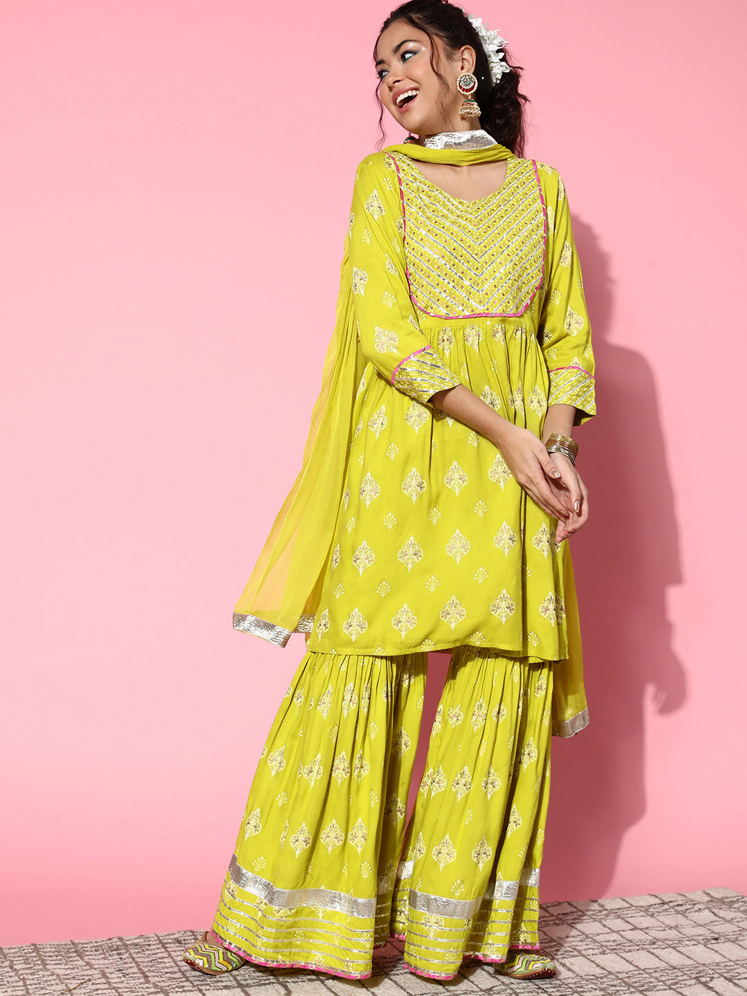 InWeave Women's Light Green Gota Work Kurta Sharara Set