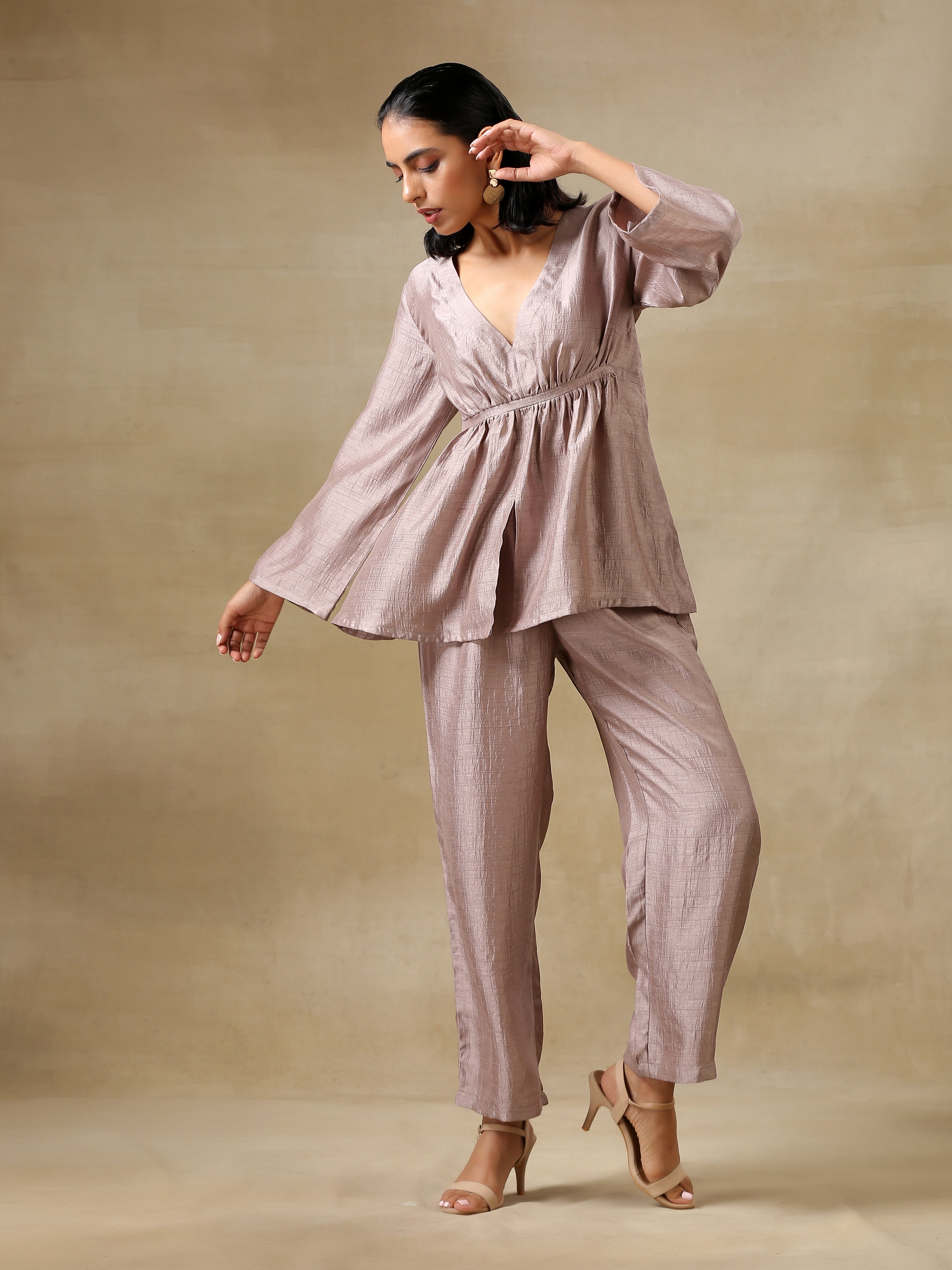 trueBrowns Grey Textured Silk Deep V-Neck Co-Ord Set